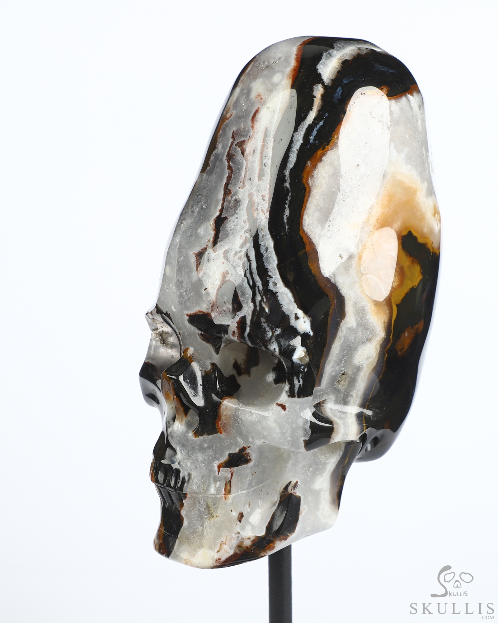 4.4" Black Zebra Agate Hand Carved Incan Crystal Skull Sculpture With Stand, Crystal Healing 4.4" Black Zebra Agate Hand Carved Incan Crystal Skull Sculpture With Stand, Crystal Healing