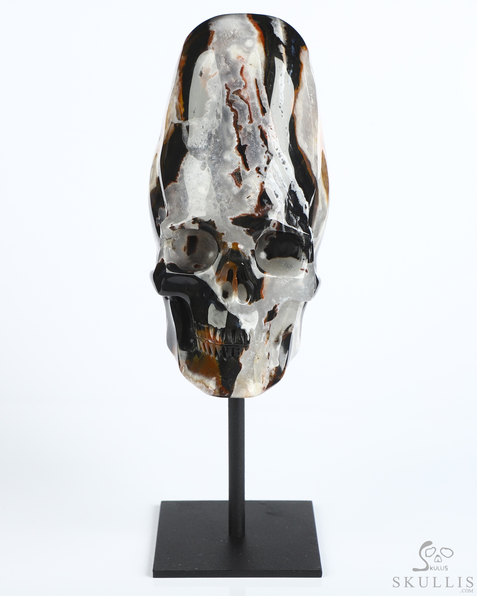 4.4" Black Zebra Agate Hand Carved Incan Crystal Skull Sculpture With Stand, Crystal Healing 4.4" Black Zebra Agate Hand Carved Incan Crystal Skull Sculpture With Stand, Crystal Healing