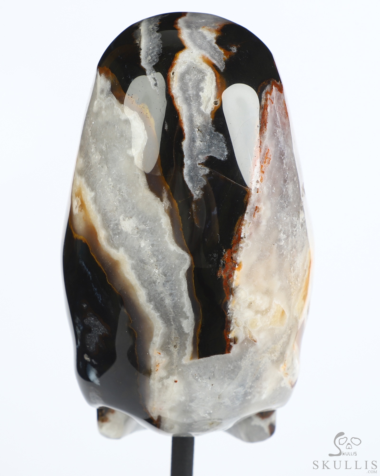 4.4" Black Zebra Agate Hand Carved Incan Crystal Skull Sculpture With Stand, Crystal Healing 4.4" Black Zebra Agate Hand Carved Incan Crystal Skull Sculpture With Stand, Crystal Healing