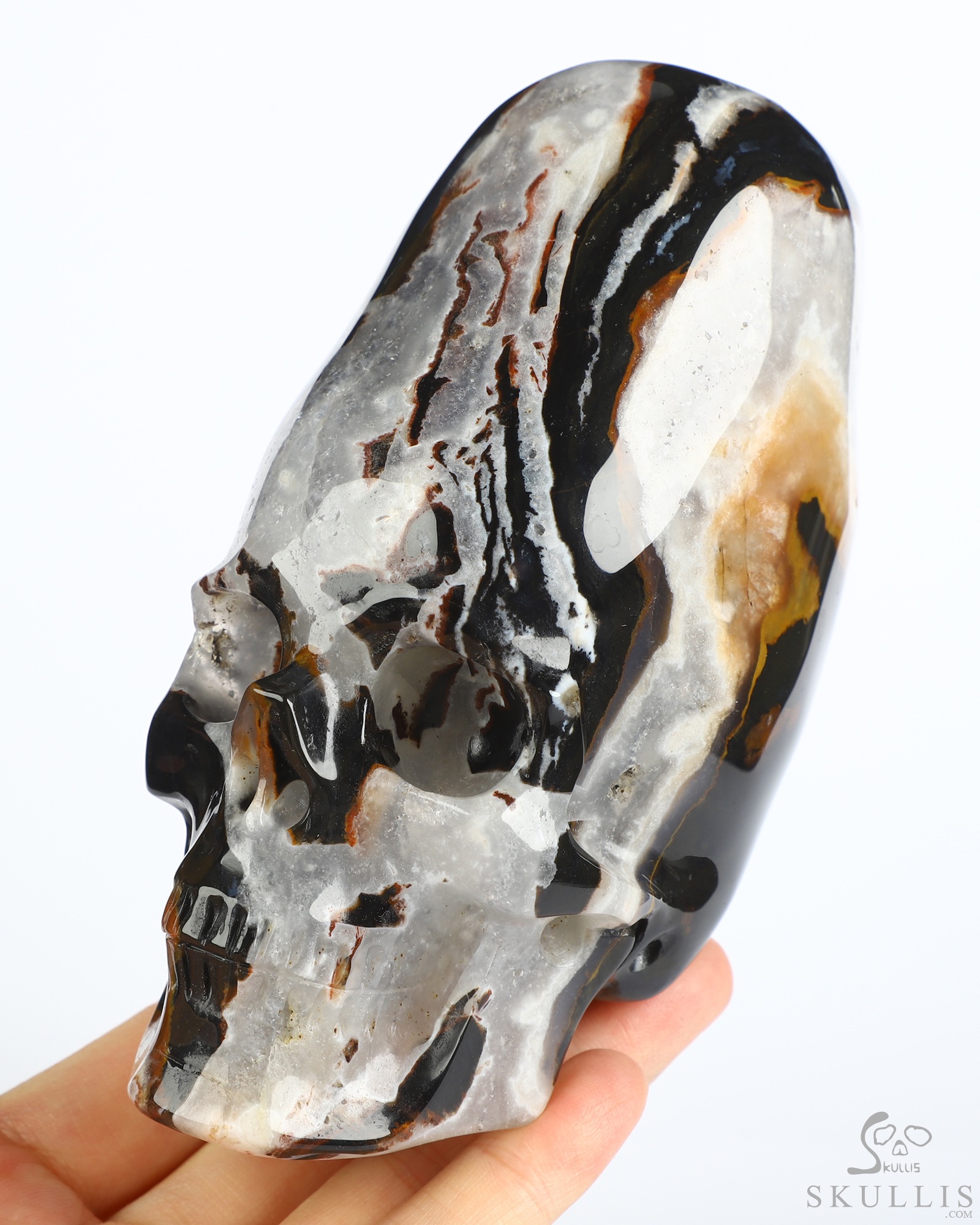 4.4" Black Zebra Agate Hand Carved Incan Crystal Skull Sculpture With Stand, Crystal Healing 4.4" Black Zebra Agate Hand Carved Incan Crystal Skull Sculpture With Stand, Crystal Healing