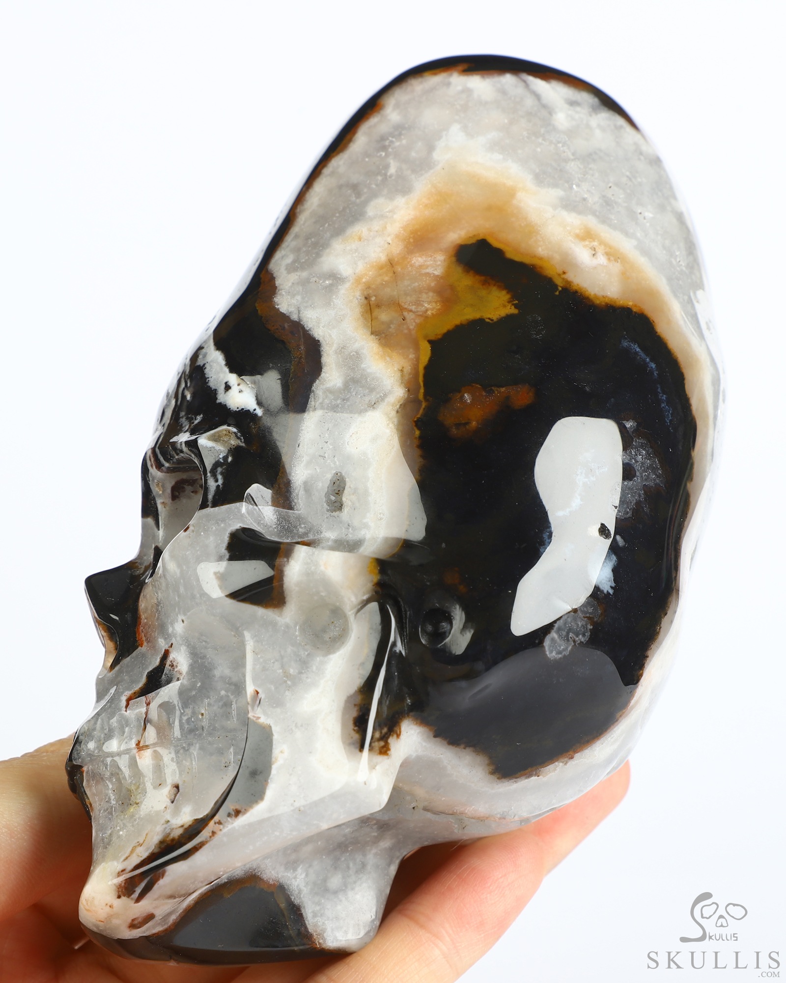 4.4" Black Zebra Agate Hand Carved Incan Crystal Skull Sculpture With Stand, Crystal Healing 4.4" Black Zebra Agate Hand Carved Incan Crystal Skull Sculpture With Stand, Crystal Healing