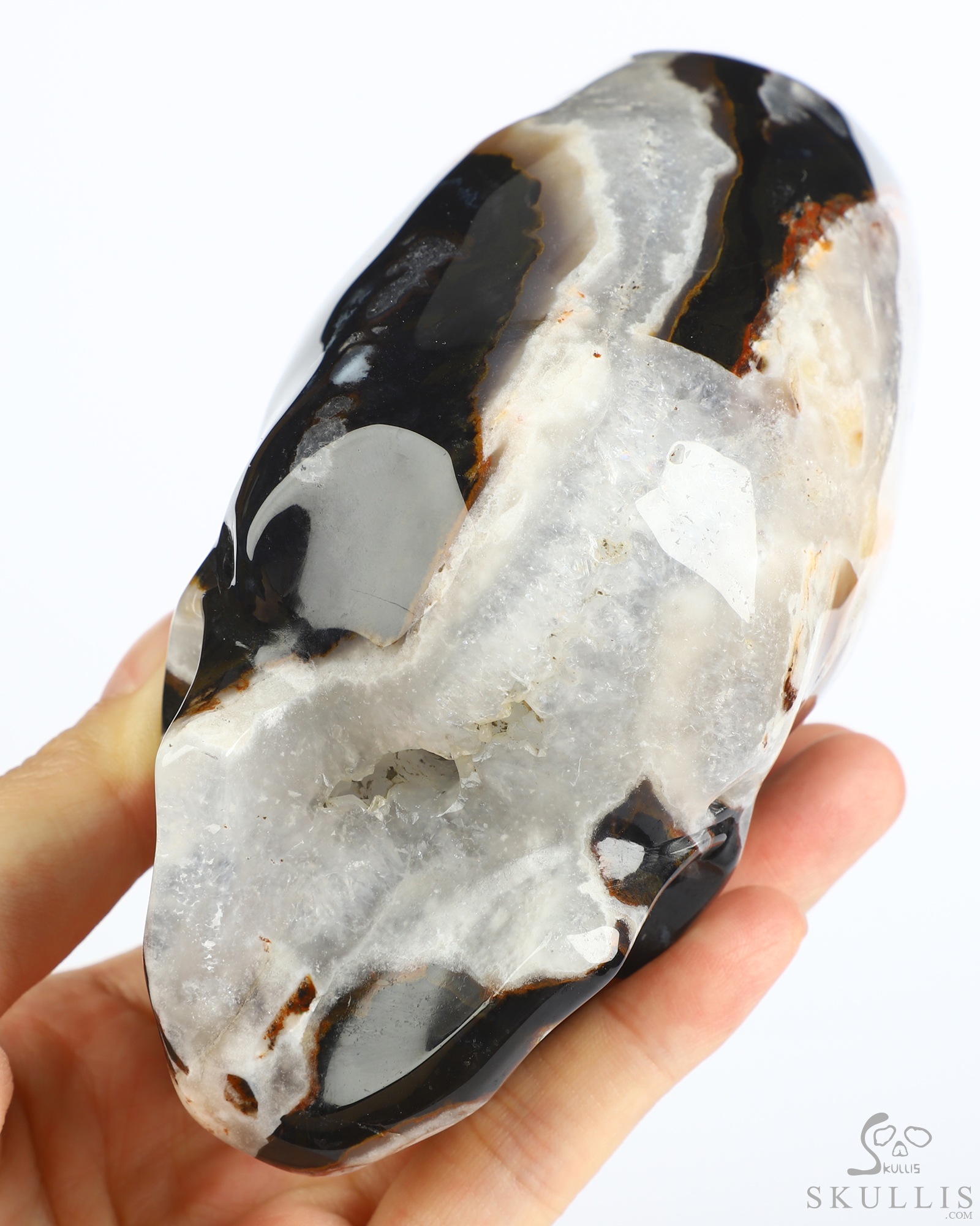 4.4" Black Zebra Agate Hand Carved Incan Crystal Skull Sculpture With Stand, Crystal Healing 4.4" Black Zebra Agate Hand Carved Incan Crystal Skull Sculpture With Stand, Crystal Healing