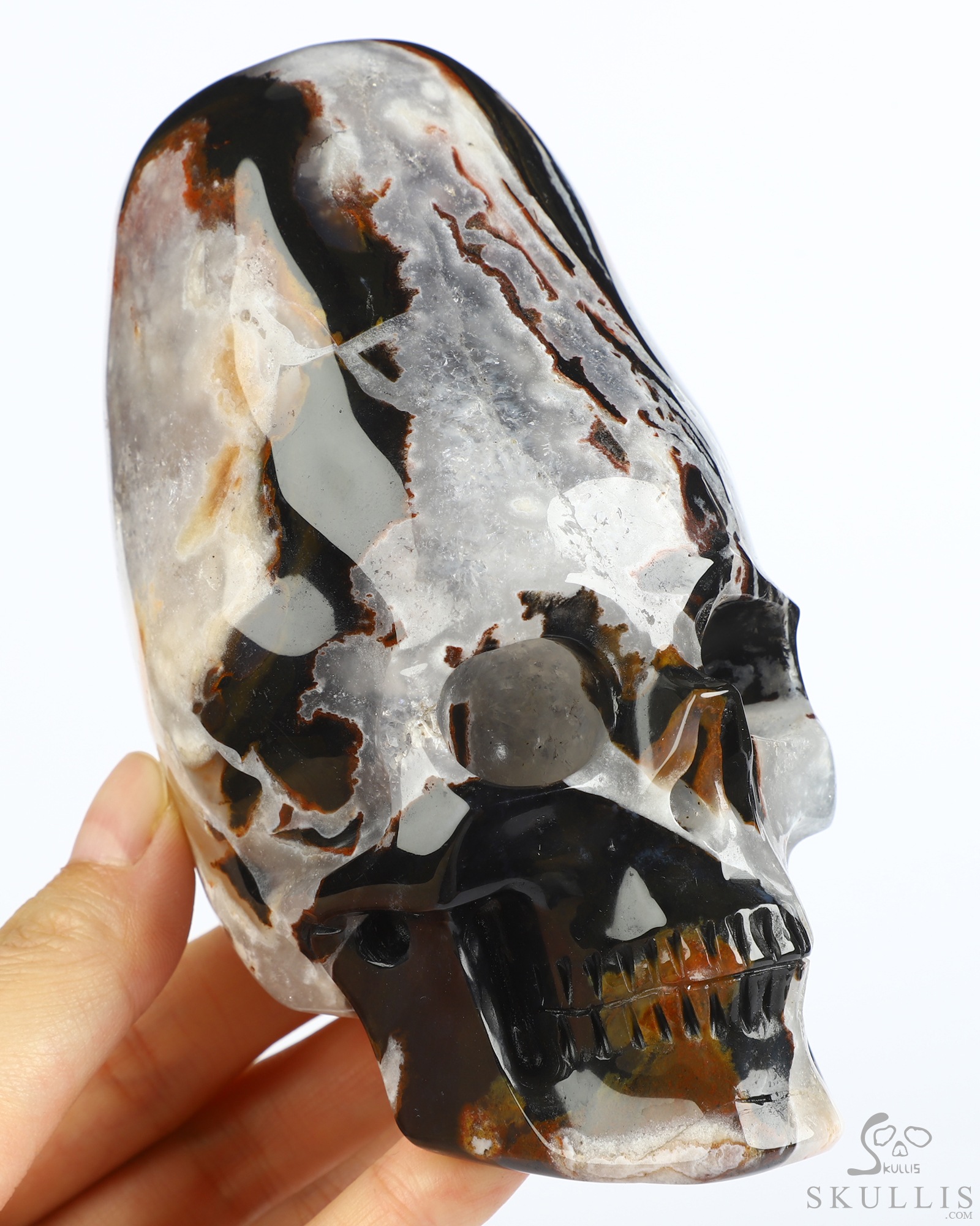 4.4" Black Zebra Agate Hand Carved Incan Crystal Skull Sculpture With Stand, Crystal Healing 4.4" Black Zebra Agate Hand Carved Incan Crystal Skull Sculpture With Stand, Crystal Healing