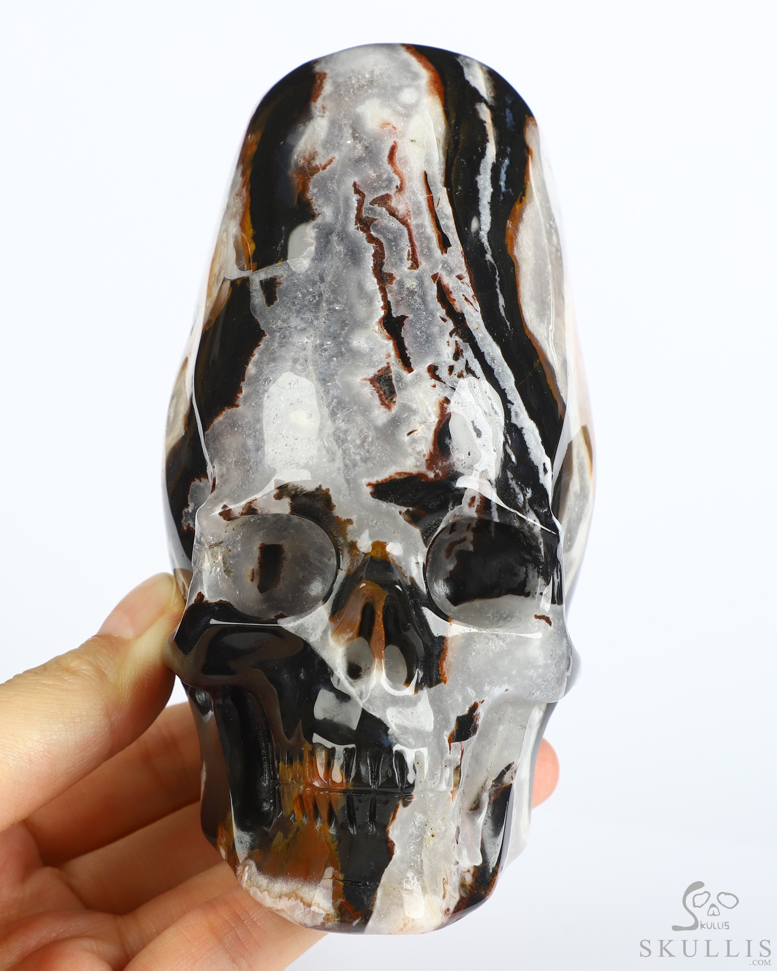 4.4" Black Zebra Agate Hand Carved Incan Crystal Skull Sculpture With Stand, Crystal Healing 4.4" Black Zebra Agate Hand Carved Incan Crystal Skull Sculpture With Stand, Crystal Healing