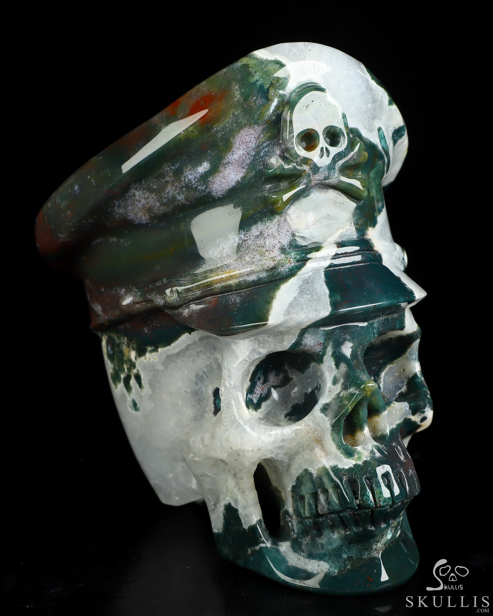 5.1" Green Moss Agate Hand Carved Crystal Skull and Navy Cap Fine Art Sculpture, Crystal Healing 5.1" Green Moss Agate Hand Carved Crystal Skull and Navy Cap Fine Art Sculpture, Crystal Healing