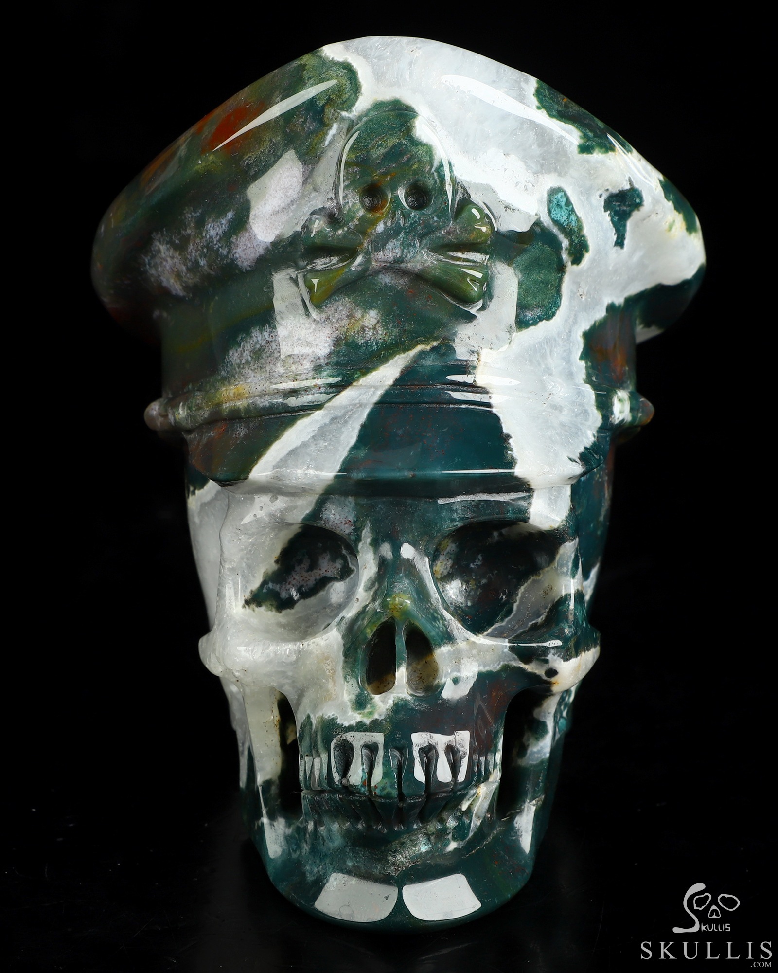 5.1" Green Moss Agate Hand Carved Crystal Skull and Navy Cap Fine Art Sculpture, Crystal Healing 5.1" Green Moss Agate Hand Carved Crystal Skull and Navy Cap Fine Art Sculpture, Crystal Healing