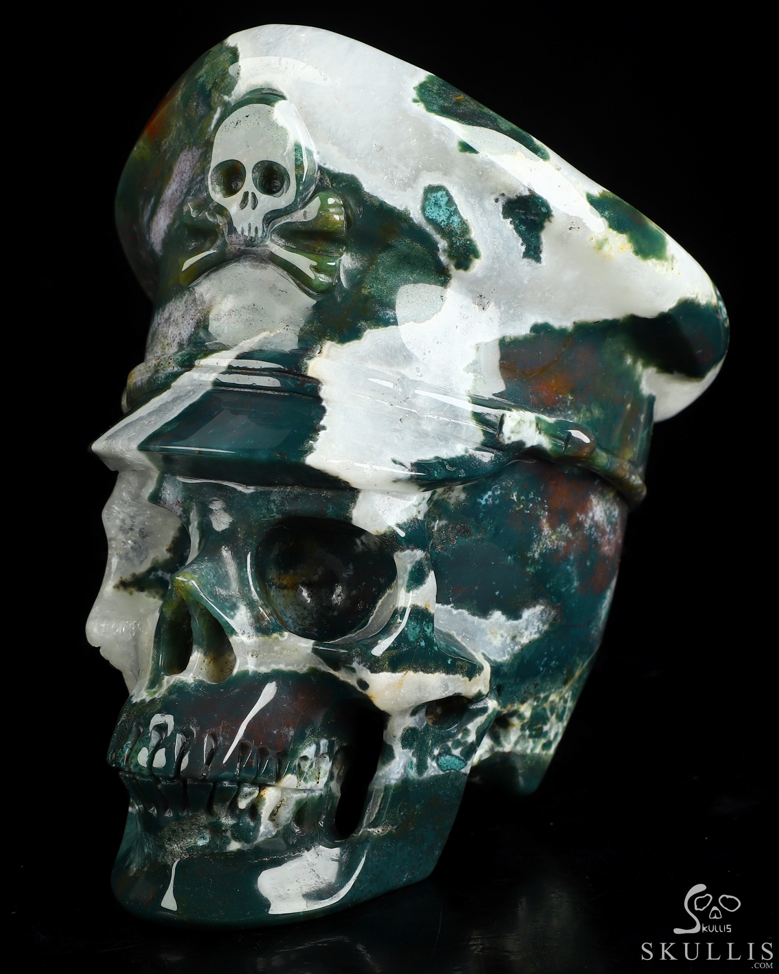 5.1" Green Moss Agate Hand Carved Crystal Skull and Navy Cap Fine Art Sculpture, Crystal Healing 5.1" Green Moss Agate Hand Carved Crystal Skull and Navy Cap Fine Art Sculpture, Crystal Healing