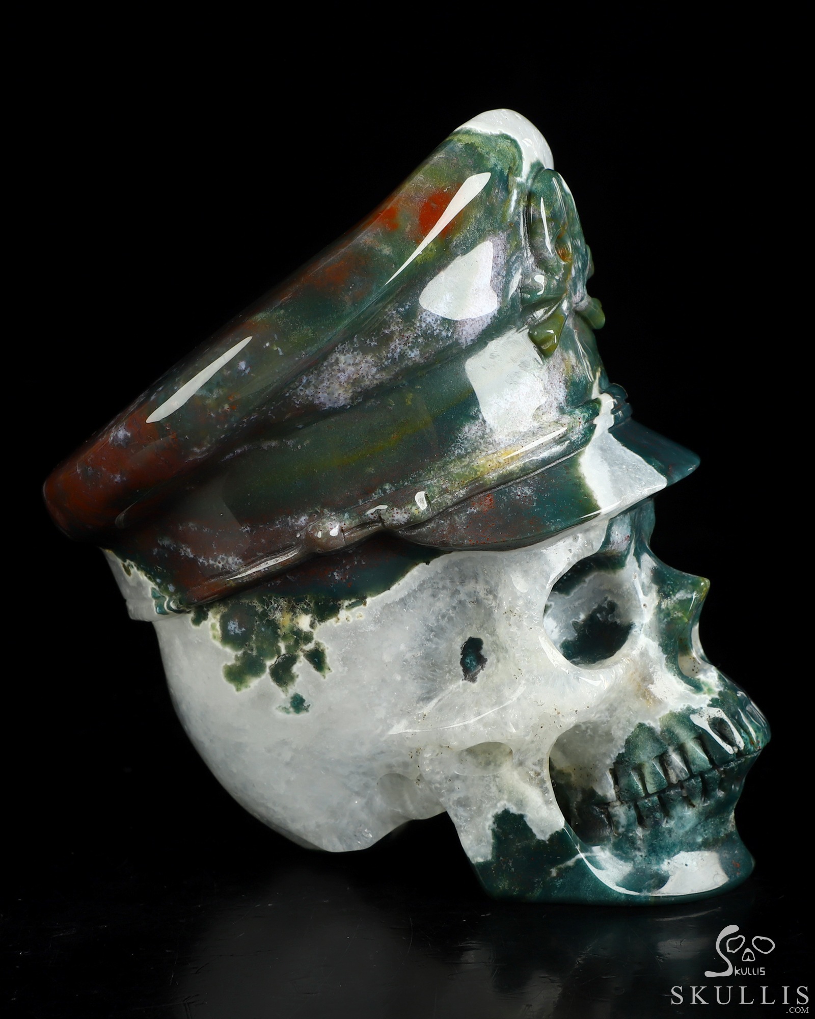 5.1" Green Moss Agate Hand Carved Crystal Skull and Navy Cap Fine Art Sculpture, Crystal Healing 5.1" Green Moss Agate Hand Carved Crystal Skull and Navy Cap Fine Art Sculpture, Crystal Healing