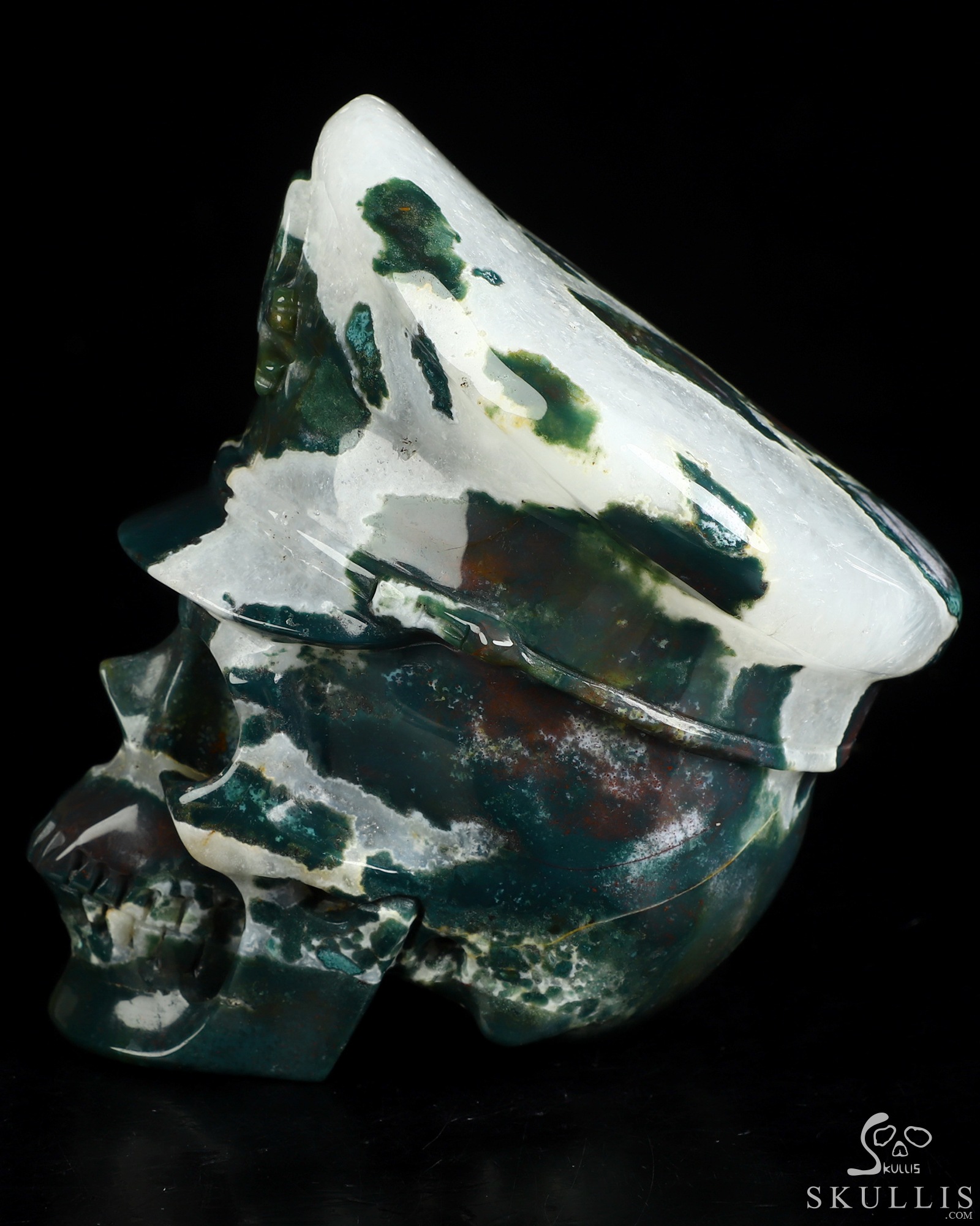 5.1" Green Moss Agate Hand Carved Crystal Skull and Navy Cap Fine Art Sculpture, Crystal Healing 5.1" Green Moss Agate Hand Carved Crystal Skull and Navy Cap Fine Art Sculpture, Crystal Healing
