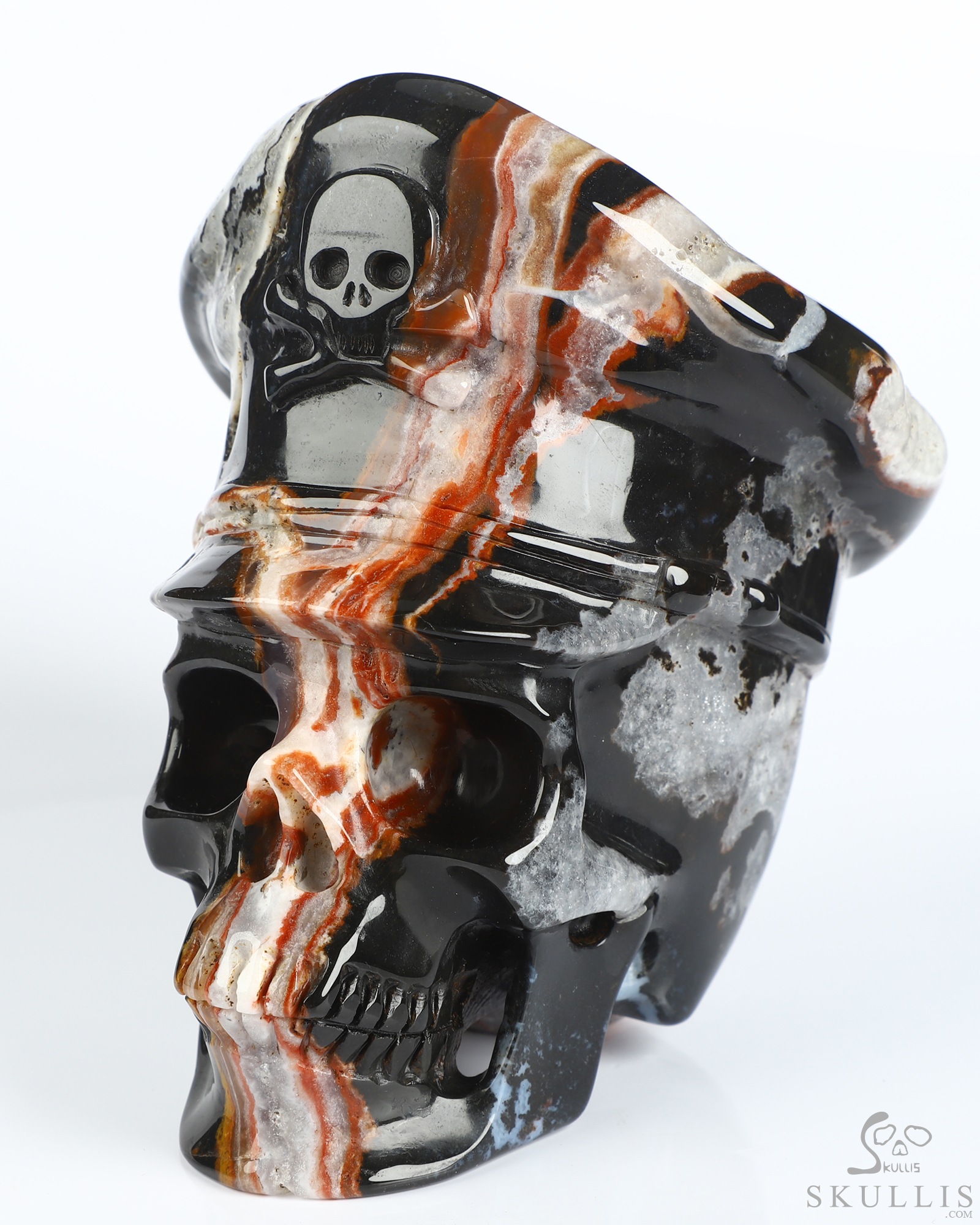 5.1" Black Zebra Agate Hand Carved Crystal Skull and Navy Cap Fine Art Sculpture, Crystal Healing 5.1" Black Zebra Agate Hand Carved Crystal Skull and Navy Cap Fine Art Sculpture, Crystal Healing