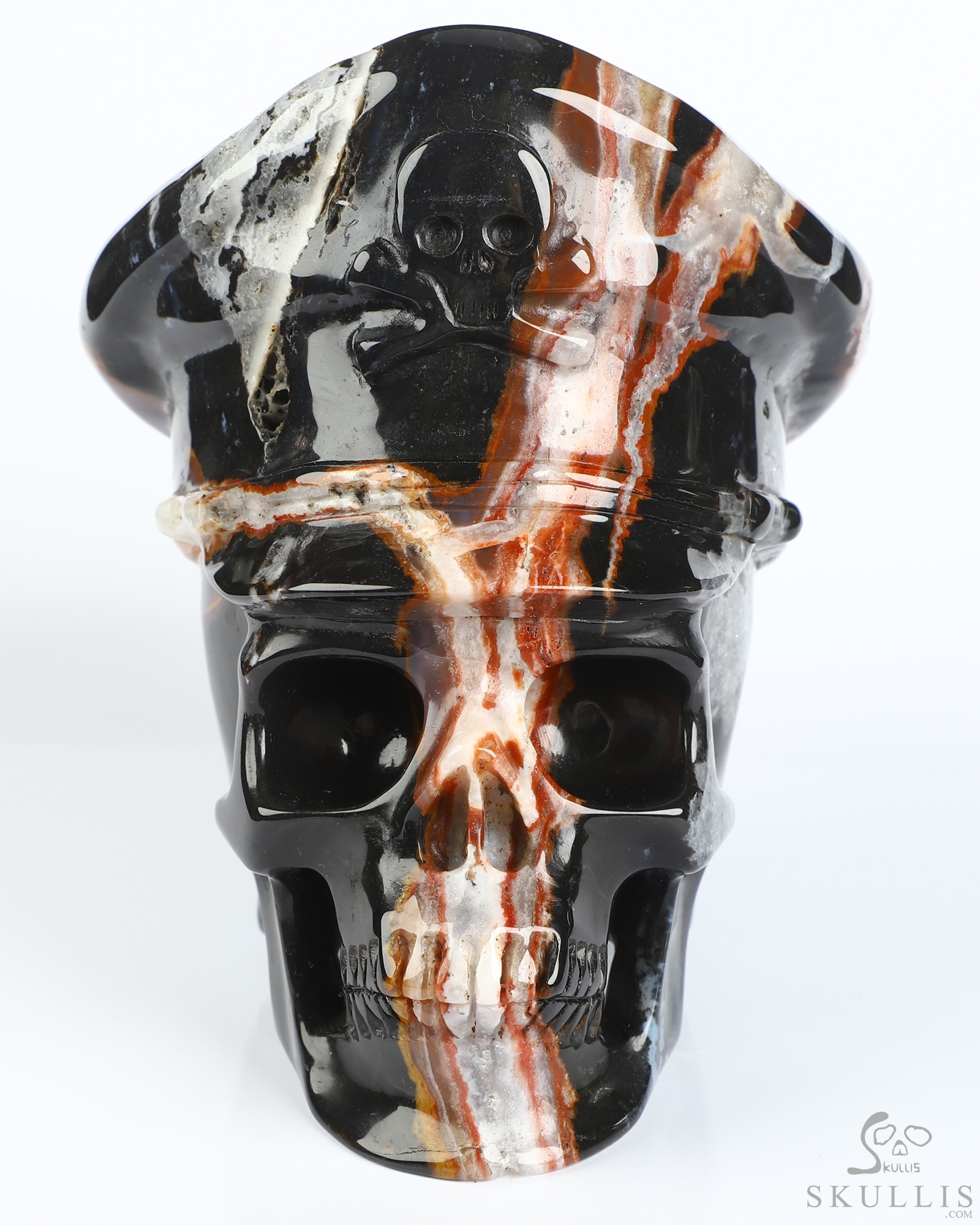 5.1" Black Zebra Agate Hand Carved Crystal Skull and Navy Cap Fine Art Sculpture, Crystal Healing 5.1" Black Zebra Agate Hand Carved Crystal Skull and Navy Cap Fine Art Sculpture, Crystal Healing
