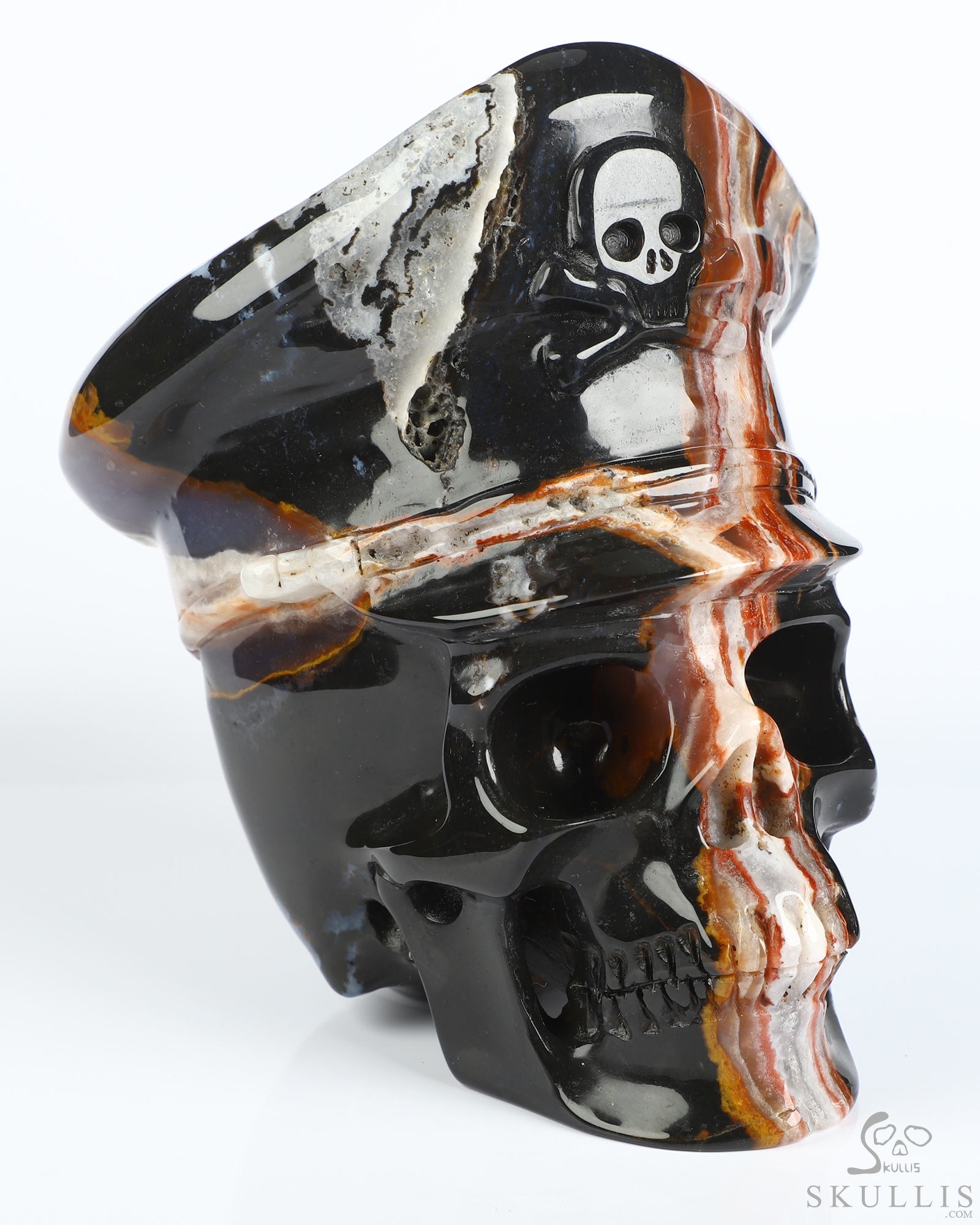 5.1" Black Zebra Agate Hand Carved Crystal Skull and Navy Cap Fine Art Sculpture, Crystal Healing 5.1" Black Zebra Agate Hand Carved Crystal Skull and Navy Cap Fine Art Sculpture, Crystal Healing