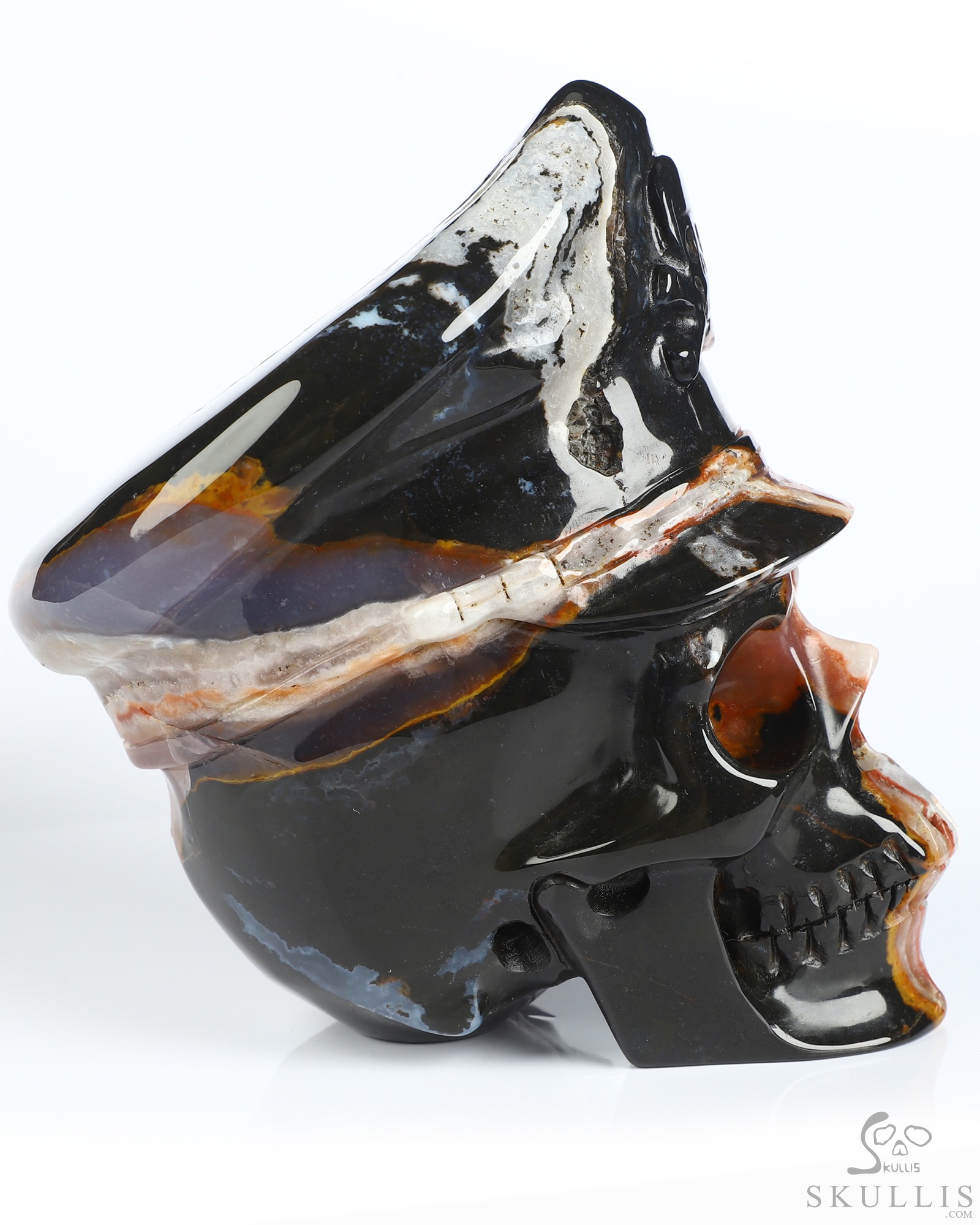 5.1" Black Zebra Agate Hand Carved Crystal Skull and Navy Cap Fine Art Sculpture, Crystal Healing 5.1" Black Zebra Agate Hand Carved Crystal Skull and Navy Cap Fine Art Sculpture, Crystal Healing