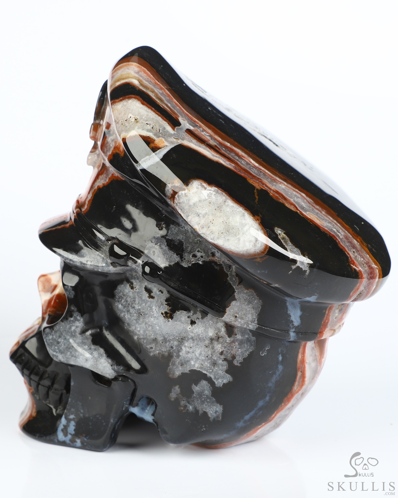 5.1" Black Zebra Agate Hand Carved Crystal Skull and Navy Cap Fine Art Sculpture, Crystal Healing 5.1" Black Zebra Agate Hand Carved Crystal Skull and Navy Cap Fine Art Sculpture, Crystal Healing