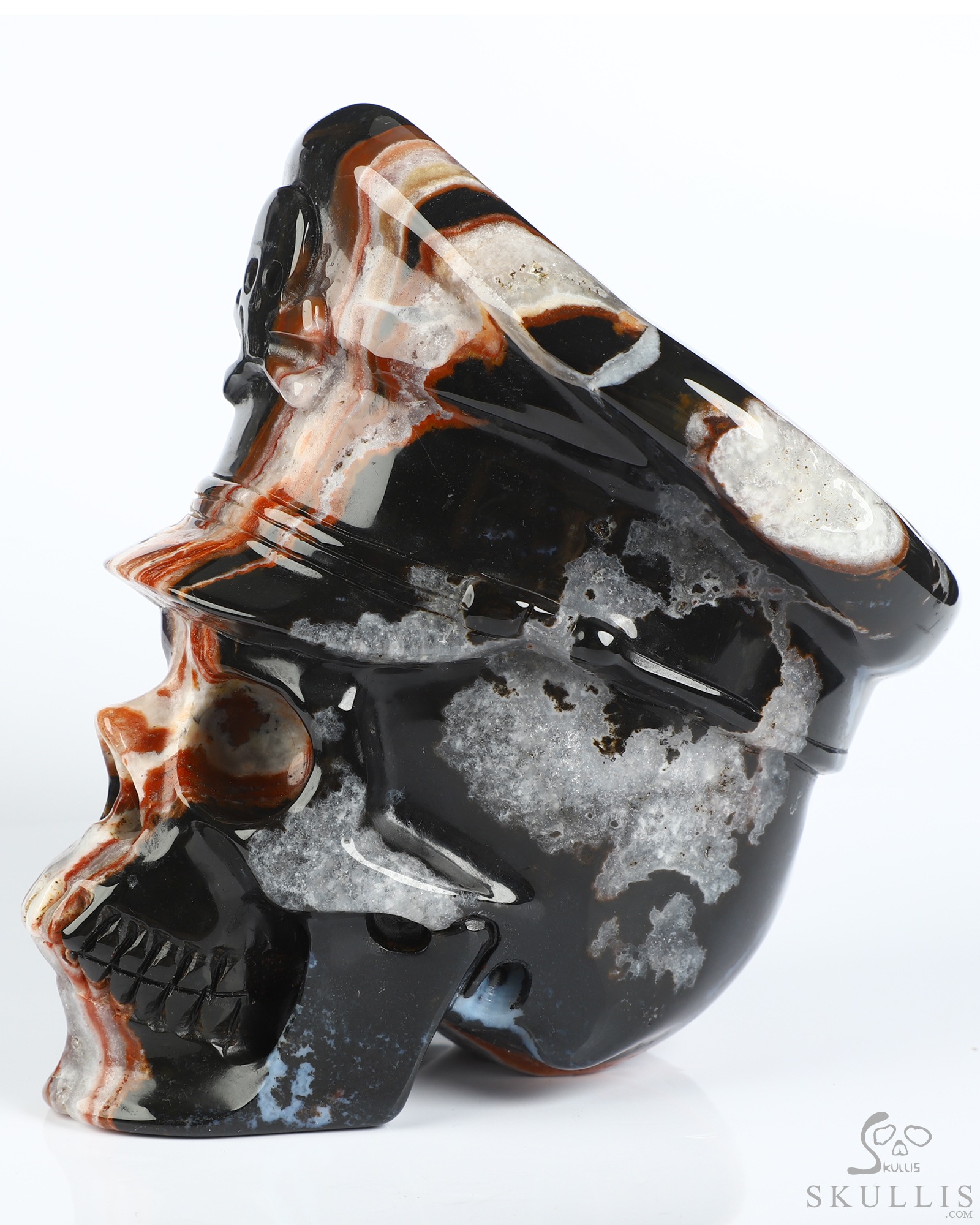 5.1" Black Zebra Agate Hand Carved Crystal Skull and Navy Cap Fine Art Sculpture, Crystal Healing 5.1" Black Zebra Agate Hand Carved Crystal Skull and Navy Cap Fine Art Sculpture, Crystal Healing