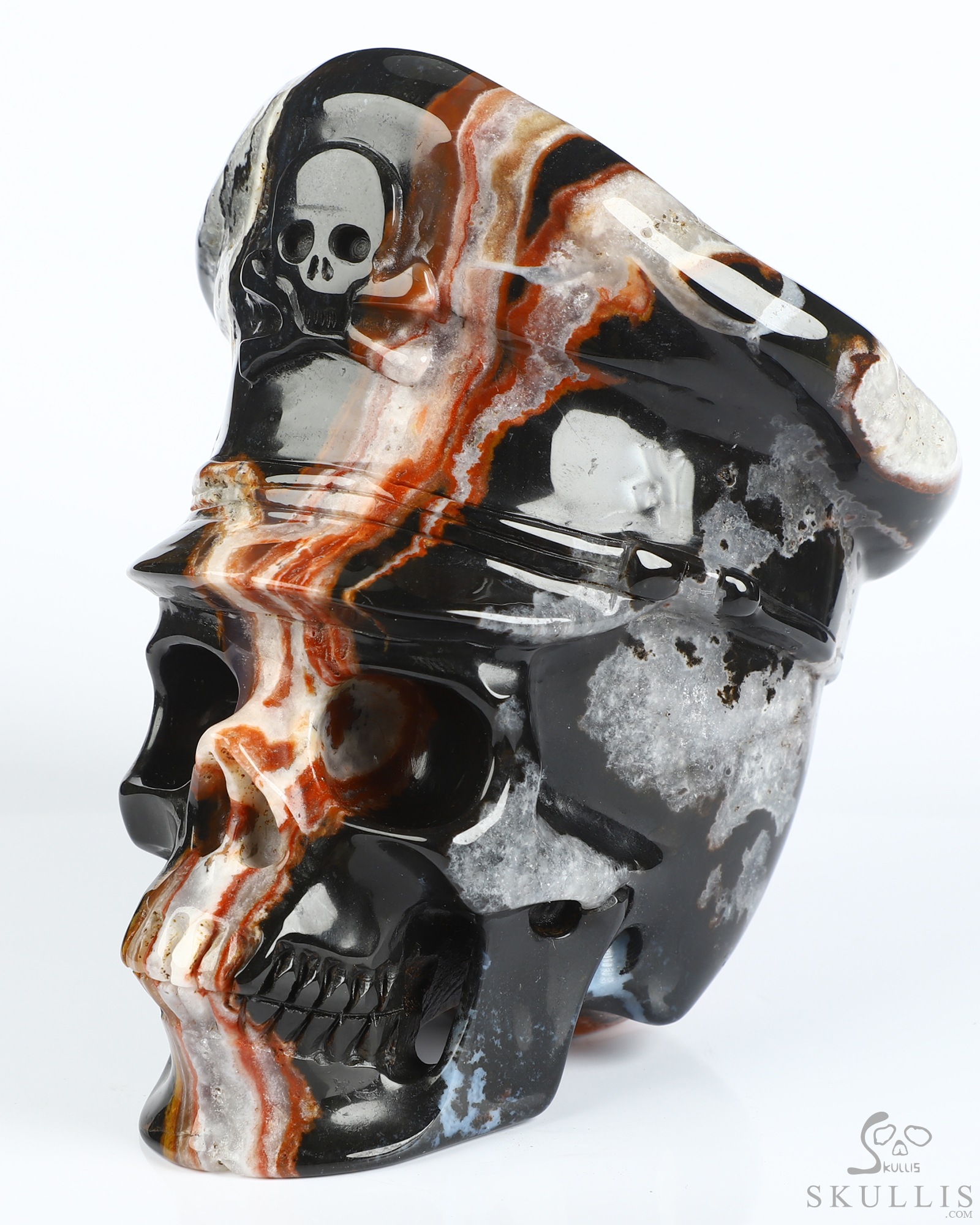 5.1" Black Zebra Agate Hand Carved Crystal Skull and Navy Cap Fine Art Sculpture, Crystal Healing 5.1" Black Zebra Agate Hand Carved Crystal Skull and Navy Cap Fine Art Sculpture, Crystal Healing