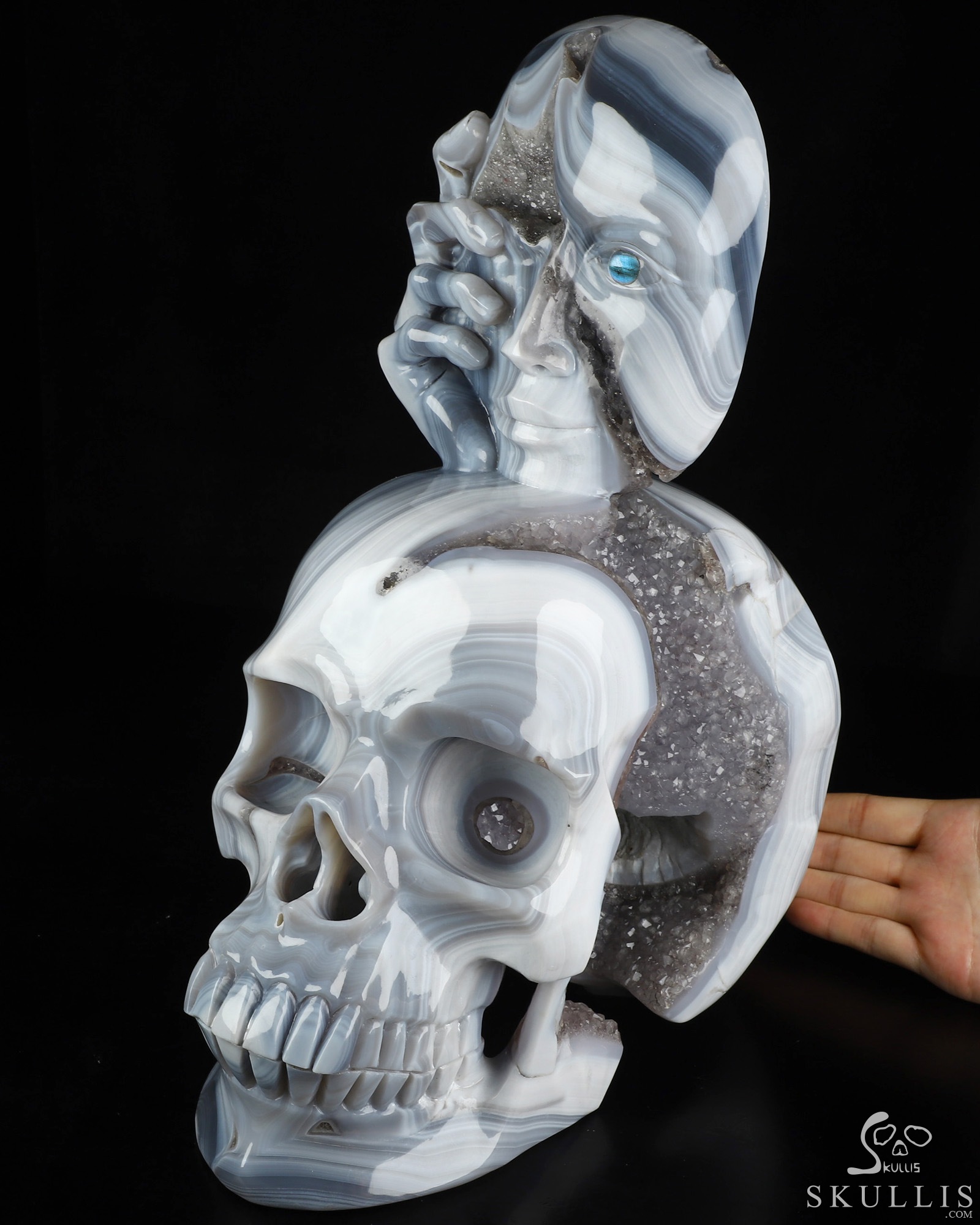 Aug 2, 2026 ACSAD (A Crystal Skull a Day) - Gaze from the Abyss - 14.2" Carved Agate Amethyst Geode Half-face With A Labradorite eye on Crystal Skull Fine Art Sculpture, Crystal Healing Aug 2, 2026 ACSAD (A Crystal Skull a Day) - Gaze from the Abyss - 14.2" Carved Agate Amethyst Geode Half-face With A Labradorite eye on Crystal Skull Fine Art Sculpture, Crystal Healing