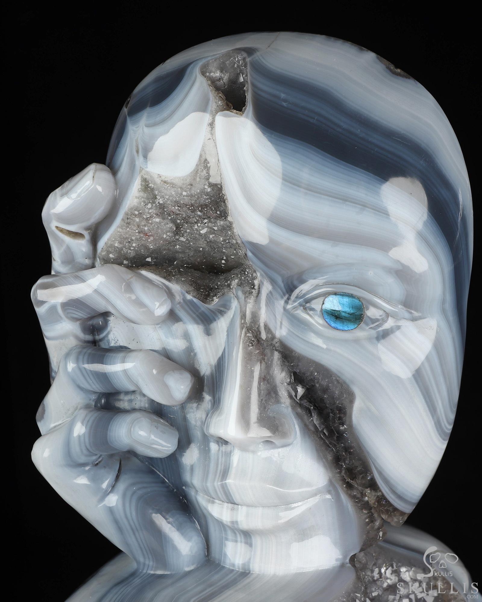 Aug 2, 2026 ACSAD (A Crystal Skull a Day) - Gaze from the Abyss - 14.2" Carved Agate Amethyst Geode Half-face With A Labradorite eye on Crystal Skull Fine Art Sculpture, Crystal Healing Aug 2, 2026 ACSAD (A Crystal Skull a Day) - Gaze from the Abyss - 14.2" Carved Agate Amethyst Geode Half-face With A Labradorite eye on Crystal Skull Fine Art Sculpture, Crystal Healing