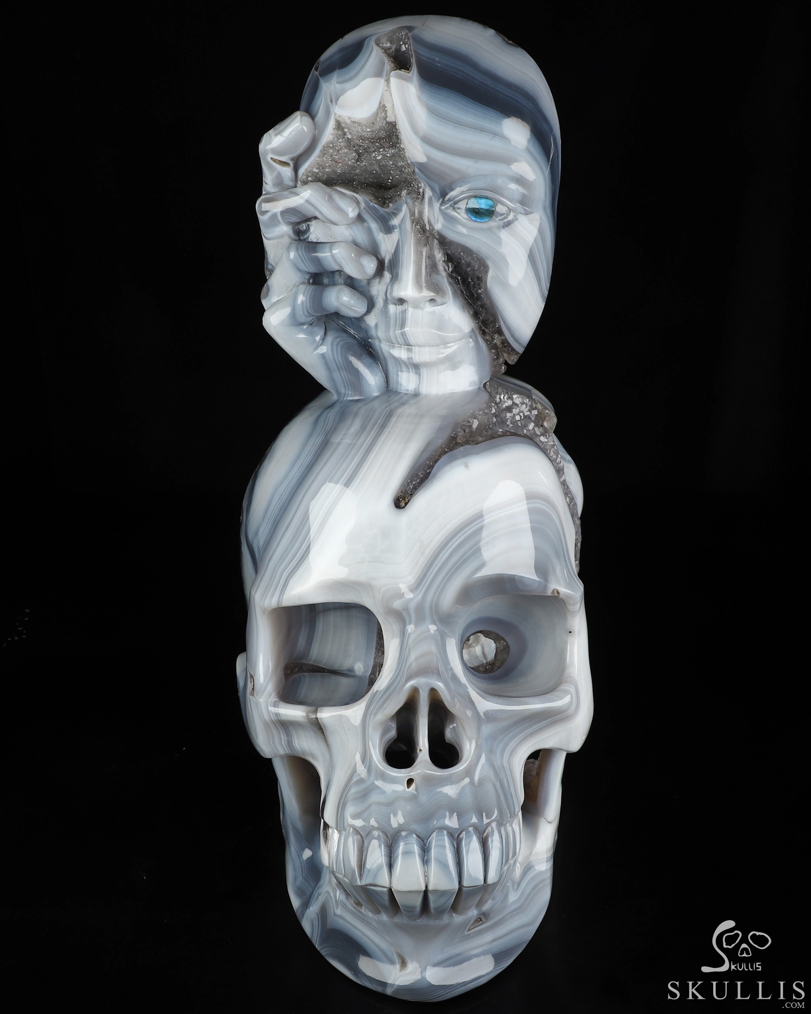 Aug 2, 2026 ACSAD (A Crystal Skull a Day) - Gaze from the Abyss - 14.2" Carved Agate Amethyst Geode Half-face With A Labradorite eye on Crystal Skull Fine Art Sculpture, Crystal Healing Aug 2, 2026 ACSAD (A Crystal Skull a Day) - Gaze from the Abyss - 14.2" Carved Agate Amethyst Geode Half-face With A Labradorite eye on Crystal Skull Fine Art Sculpture, Crystal Healing