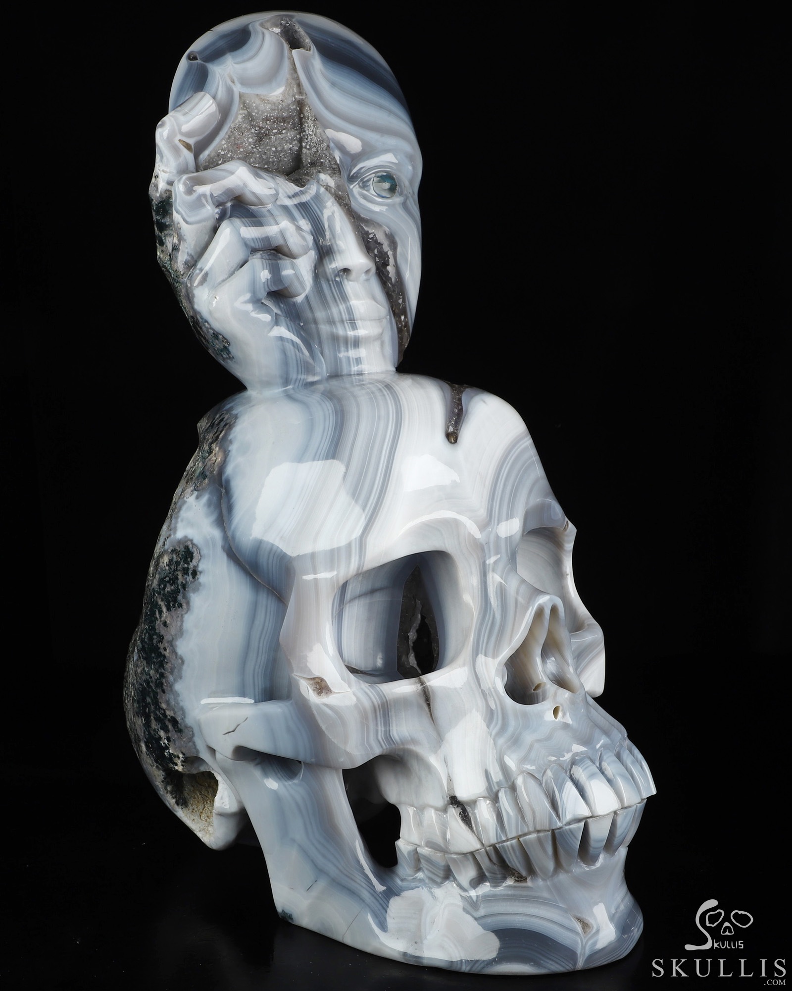 Aug 2, 2026 ACSAD (A Crystal Skull a Day) - Gaze from the Abyss - 14.2" Carved Agate Amethyst Geode Half-face With A Labradorite eye on Crystal Skull Fine Art Sculpture, Crystal Healing Aug 2, 2026 ACSAD (A Crystal Skull a Day) - Gaze from the Abyss - 14.2" Carved Agate Amethyst Geode Half-face With A Labradorite eye on Crystal Skull Fine Art Sculpture, Crystal Healing