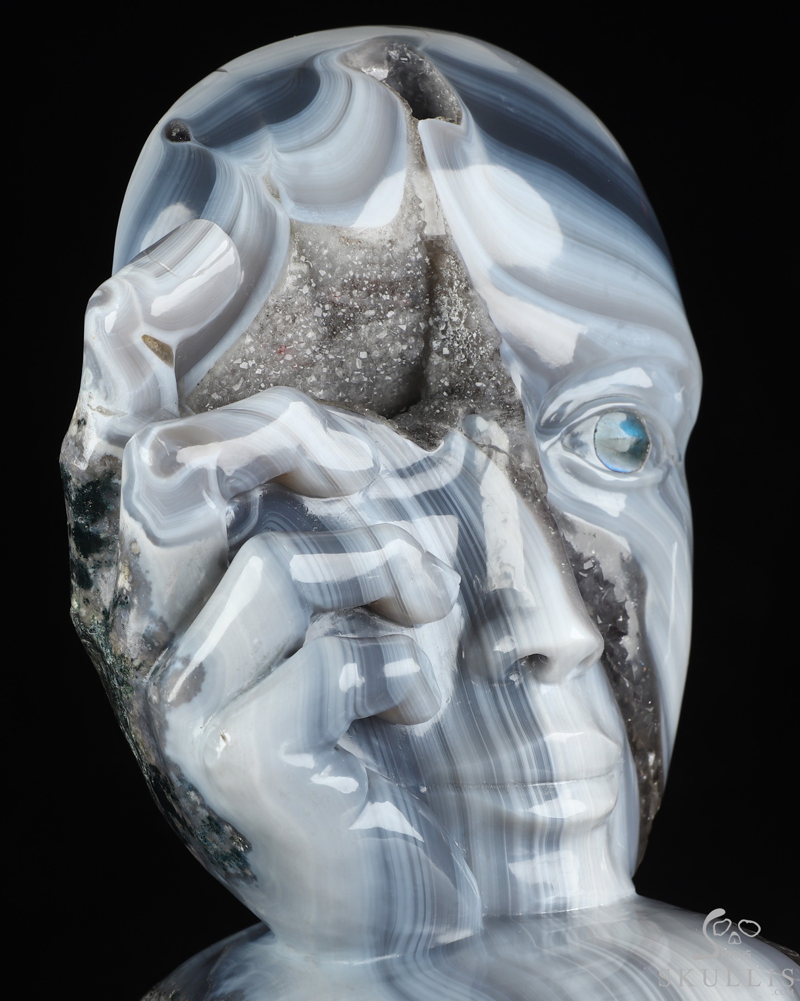 Aug 2, 2026 ACSAD (A Crystal Skull a Day) - Gaze from the Abyss - 14.2" Carved Agate Amethyst Geode Half-face With A Labradorite eye on Crystal Skull Fine Art Sculpture, Crystal Healing Aug 2, 2026 ACSAD (A Crystal Skull a Day) - Gaze from the Abyss - 14.2" Carved Agate Amethyst Geode Half-face With A Labradorite eye on Crystal Skull Fine Art Sculpture, Crystal Healing