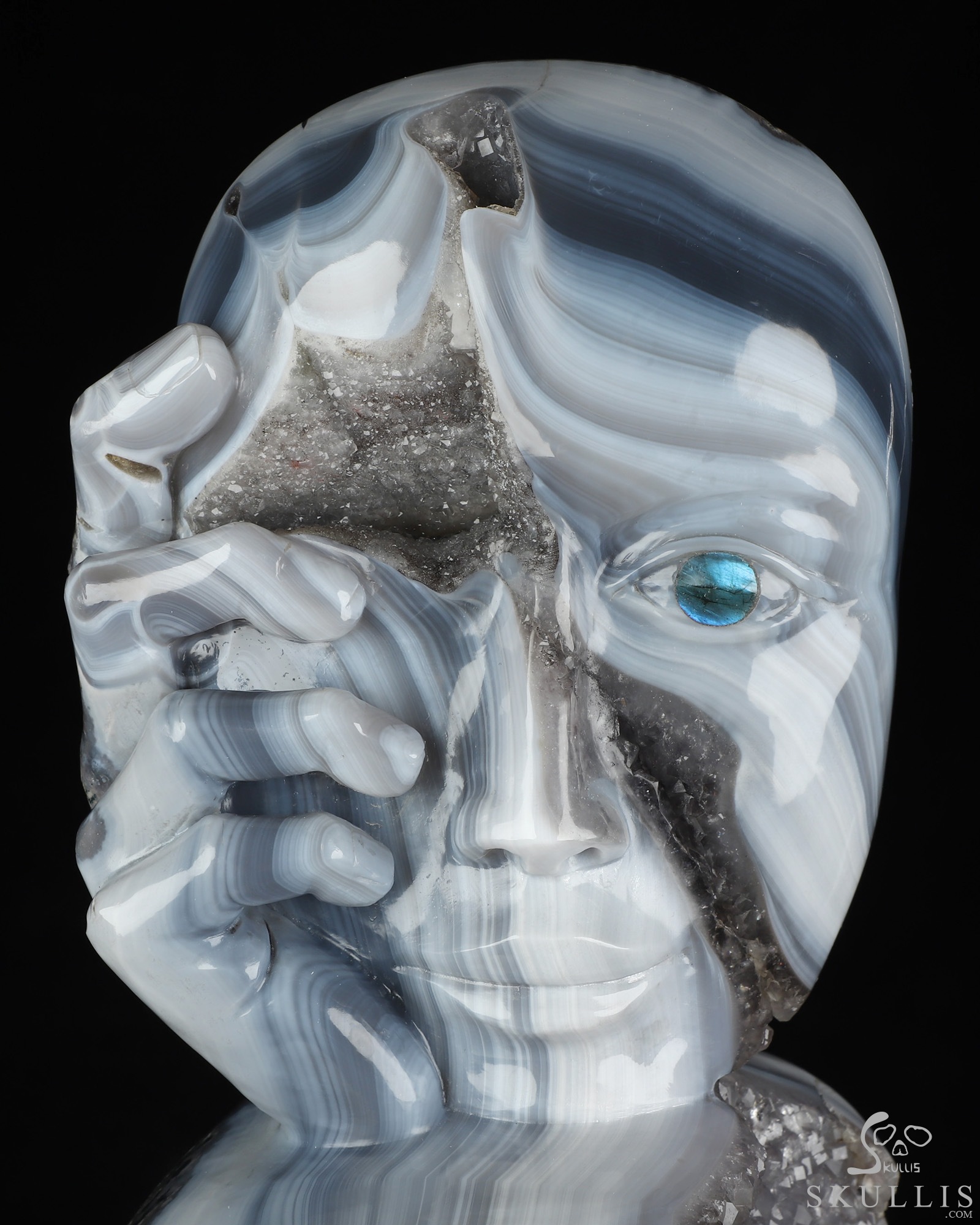 Aug 2, 2026 ACSAD (A Crystal Skull a Day) - Gaze from the Abyss - 14.2" Carved Agate Amethyst Geode Half-face With A Labradorite eye on Crystal Skull Fine Art Sculpture, Crystal Healing Aug 2, 2026 ACSAD (A Crystal Skull a Day) - Gaze from the Abyss - 14.2" Carved Agate Amethyst Geode Half-face With A Labradorite eye on Crystal Skull Fine Art Sculpture, Crystal Healing