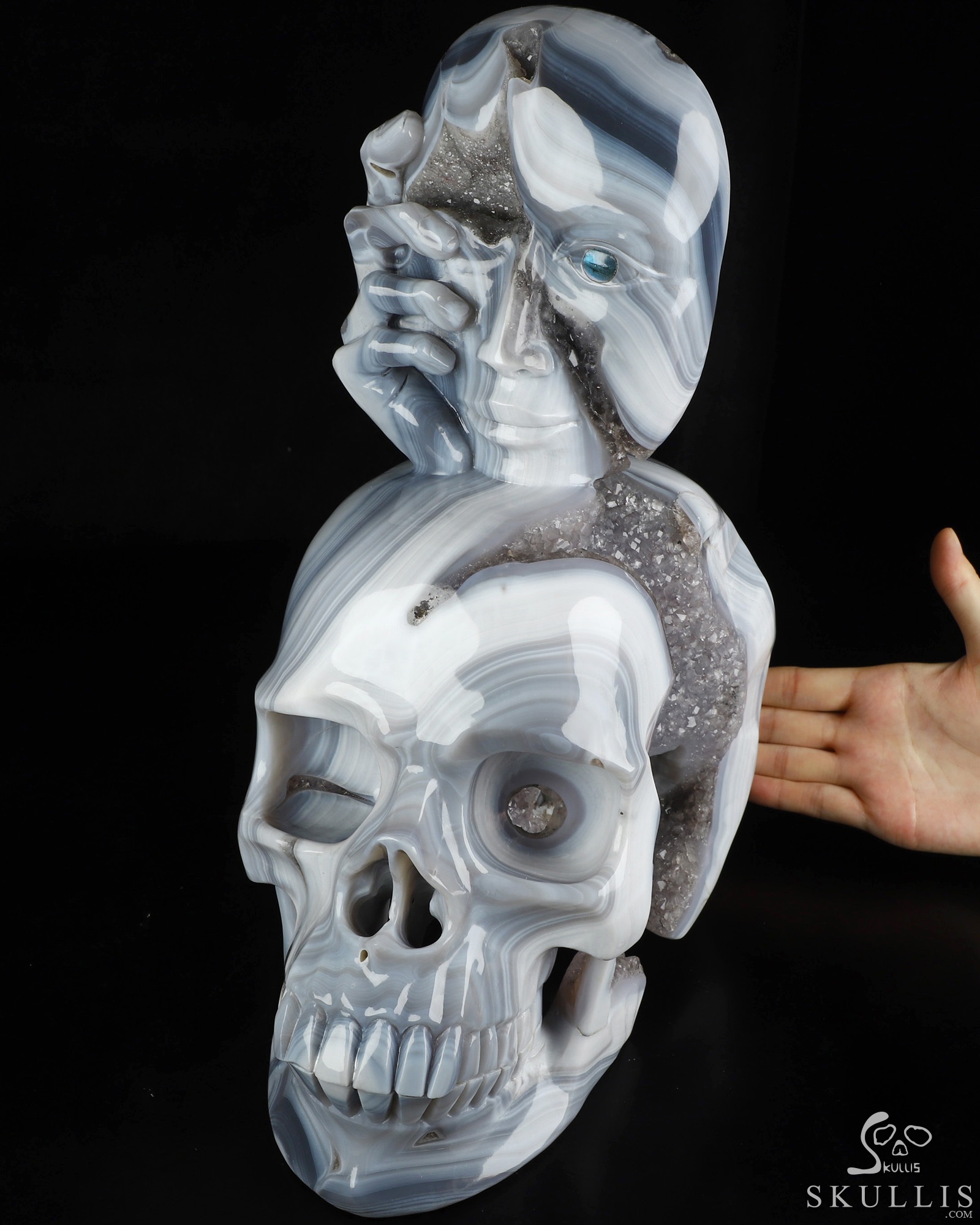 Aug 2, 2026 ACSAD (A Crystal Skull a Day) - Gaze from the Abyss - 14.2" Carved Agate Amethyst Geode Half-face With A Labradorite eye on Crystal Skull Fine Art Sculpture, Crystal Healing Aug 2, 2026 ACSAD (A Crystal Skull a Day) - Gaze from the Abyss - 14.2" Carved Agate Amethyst Geode Half-face With A Labradorite eye on Crystal Skull Fine Art Sculpture, Crystal Healing