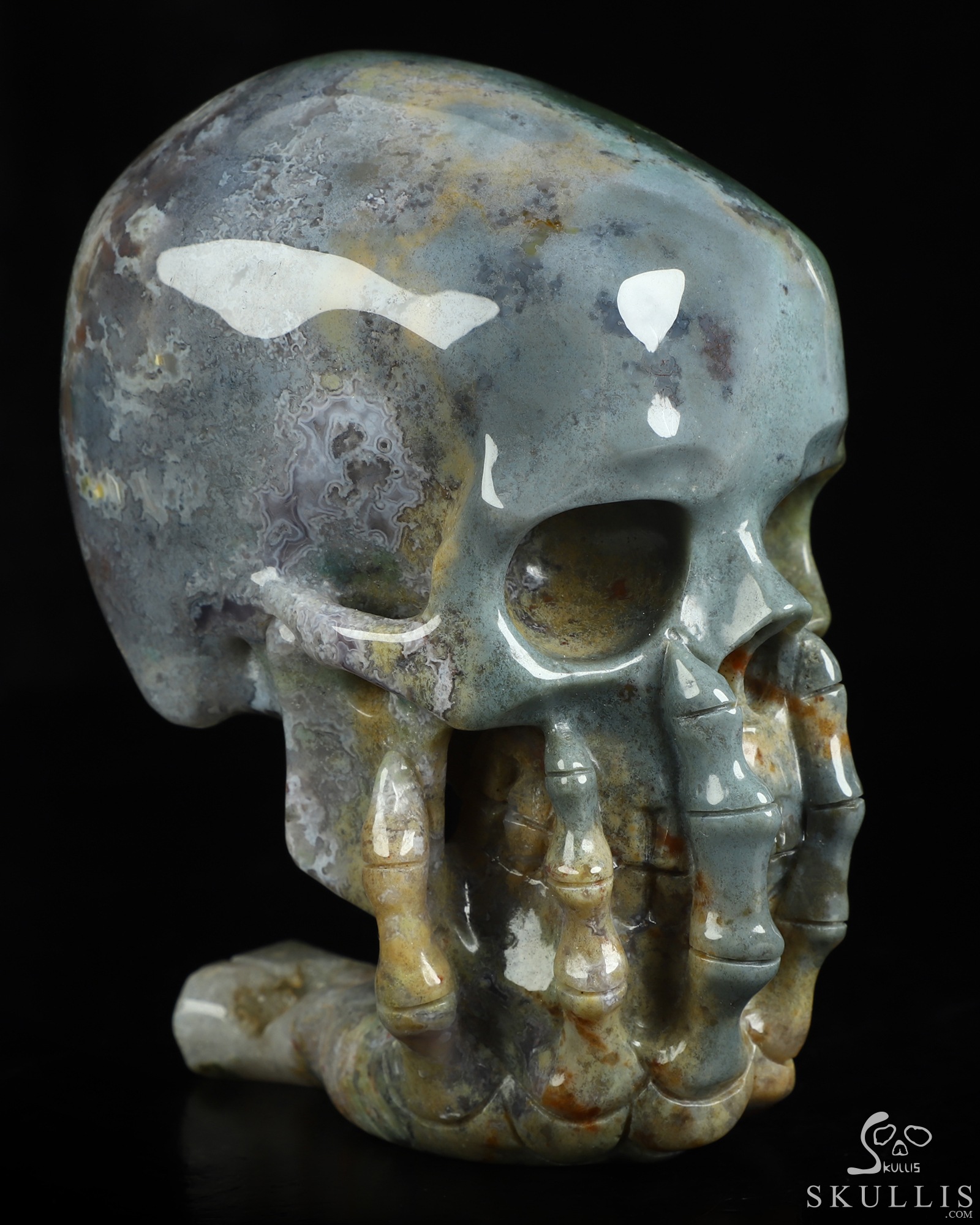 The Thinker---5.7" Green Moss Agate Hand Carved Crystal Skull & Skeletal Hand Sculpture, Crystal Healing The Thinker---5.7" Green Moss Agate Hand Carved Crystal Skull & Skeletal Hand Sculpture, Crystal Healing