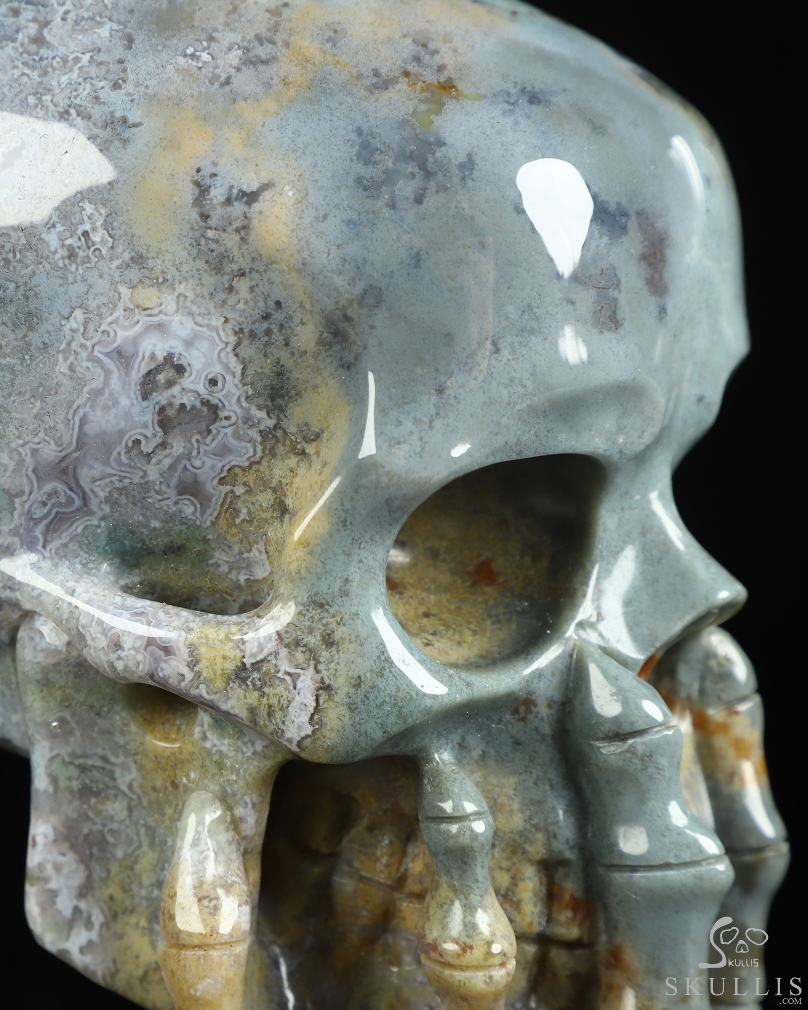 The Thinker---5.7" Green Moss Agate Hand Carved Crystal Skull & Skeletal Hand Sculpture, Crystal Healing The Thinker---5.7" Green Moss Agate Hand Carved Crystal Skull & Skeletal Hand Sculpture, Crystal Healing