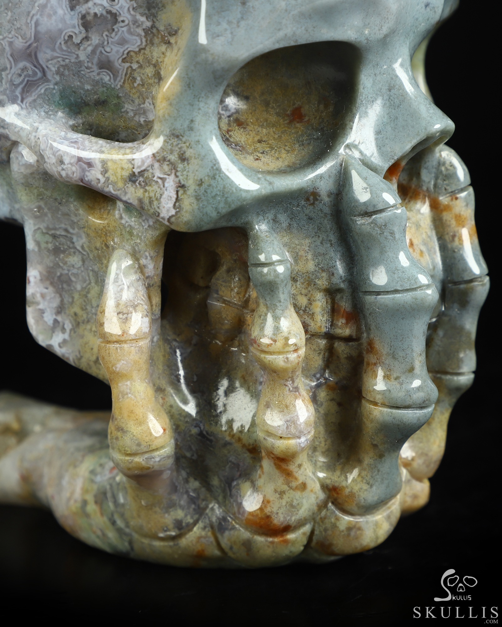 The Thinker---5.7" Green Moss Agate Hand Carved Crystal Skull & Skeletal Hand Sculpture, Crystal Healing The Thinker---5.7" Green Moss Agate Hand Carved Crystal Skull & Skeletal Hand Sculpture, Crystal Healing