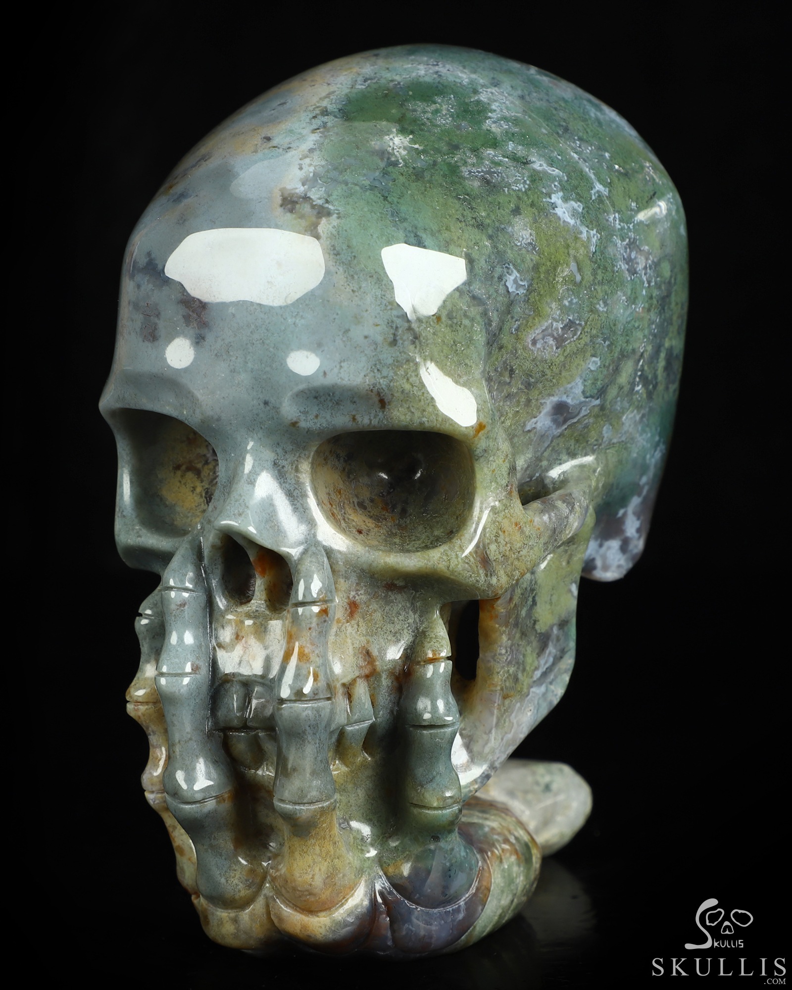 The Thinker---5.7" Green Moss Agate Hand Carved Crystal Skull & Skeletal Hand Sculpture, Crystal Healing The Thinker---5.7" Green Moss Agate Hand Carved Crystal Skull & Skeletal Hand Sculpture, Crystal Healing