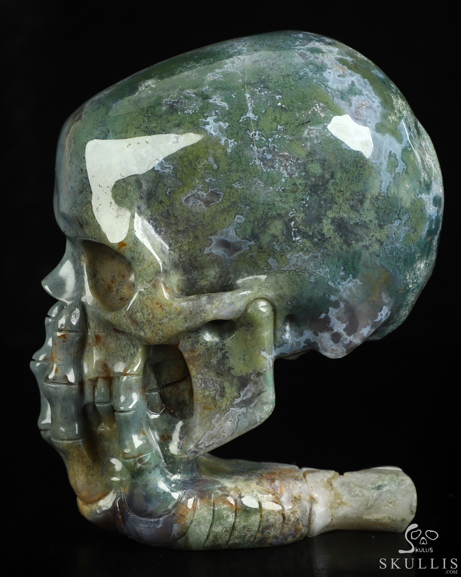 The Thinker---5.7" Green Moss Agate Hand Carved Crystal Skull & Skeletal Hand Sculpture, Crystal Healing The Thinker---5.7" Green Moss Agate Hand Carved Crystal Skull & Skeletal Hand Sculpture, Crystal Healing