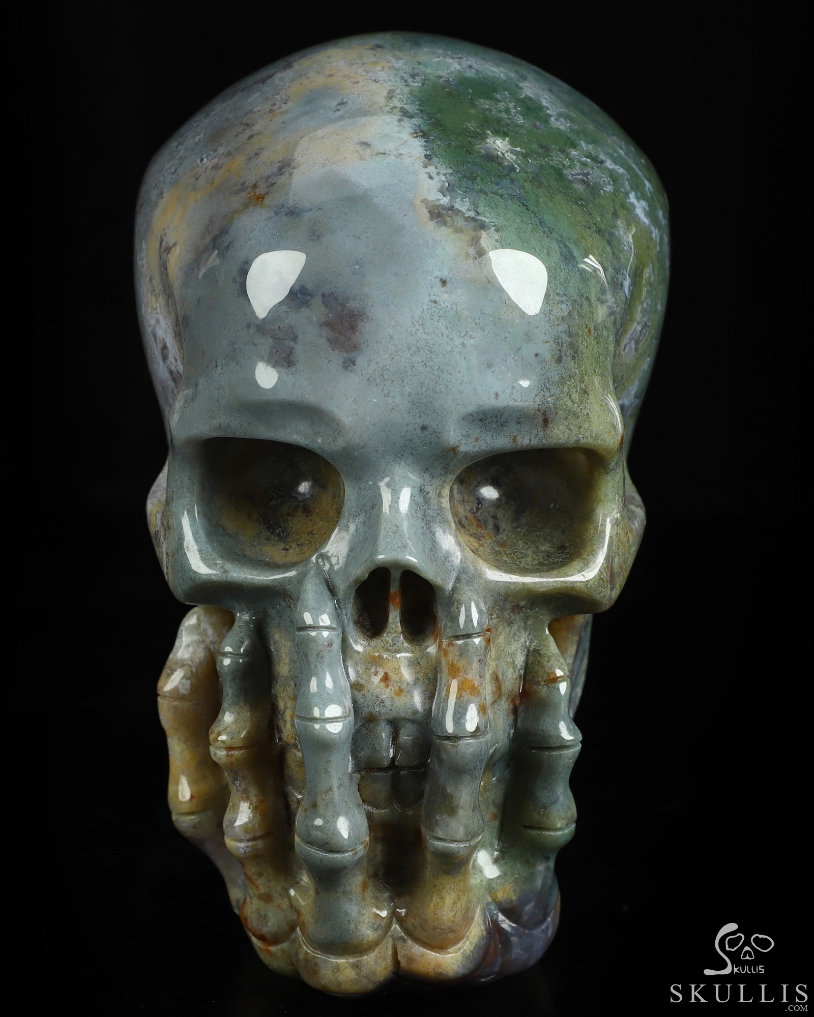 The Thinker---5.7" Green Moss Agate Hand Carved Crystal Skull & Skeletal Hand Sculpture, Crystal Healing The Thinker---5.7" Green Moss Agate Hand Carved Crystal Skull & Skeletal Hand Sculpture, Crystal Healing