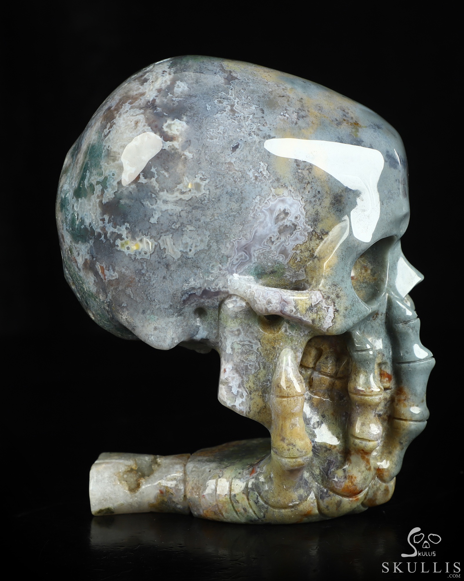 The Thinker---5.7" Green Moss Agate Hand Carved Crystal Skull & Skeletal Hand Sculpture, Crystal Healing The Thinker---5.7" Green Moss Agate Hand Carved Crystal Skull & Skeletal Hand Sculpture, Crystal Healing