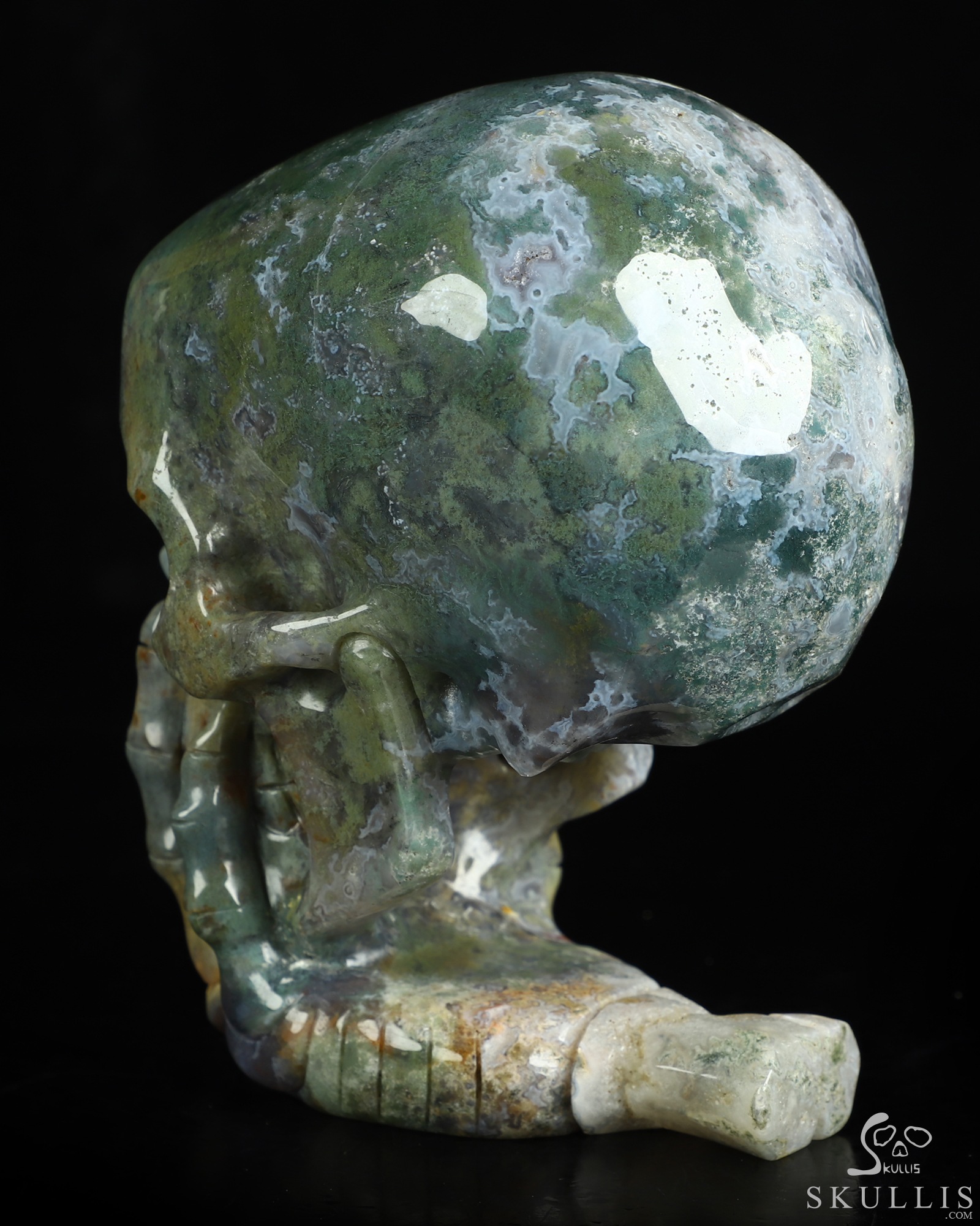 The Thinker---5.7" Green Moss Agate Hand Carved Crystal Skull & Skeletal Hand Sculpture, Crystal Healing The Thinker---5.7" Green Moss Agate Hand Carved Crystal Skull & Skeletal Hand Sculpture, Crystal Healing