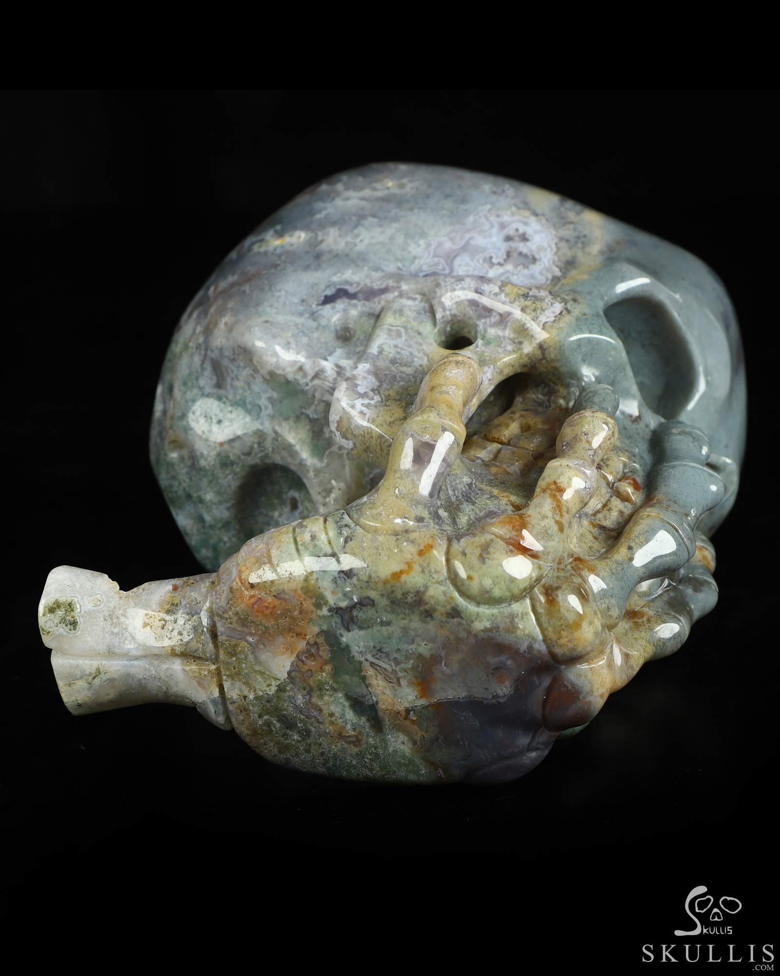 The Thinker---5.7" Green Moss Agate Hand Carved Crystal Skull & Skeletal Hand Sculpture, Crystal Healing The Thinker---5.7" Green Moss Agate Hand Carved Crystal Skull & Skeletal Hand Sculpture, Crystal Healing
