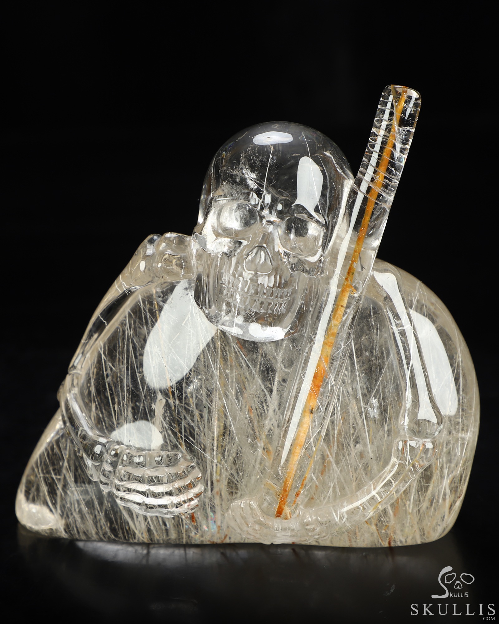 Sept 27, 2026 ACSAD (A Crystal Skull a Day) - The Last Pilgrim - Gemstone 4.5" Rutilated Quartz Rock Crystal Hand Carved Crystal Skull Fine Art Sculpture with Red Rutile Staff, Crystal Healing Sept 27, 2026 ACSAD (A Crystal Skull a Day) - The Last Pilgrim - Gemstone 4.5" Rutilated Quartz Rock Crystal Hand Carved Crystal Skull Fine Art Sculpture with Red Rutile Staff, Crystal Healing