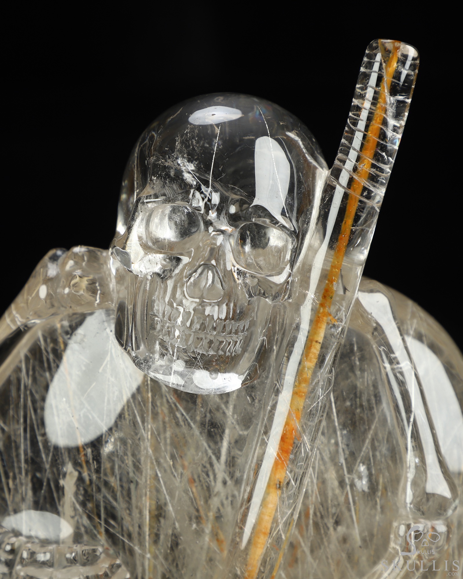 Sept 27, 2026 ACSAD (A Crystal Skull a Day) - The Last Pilgrim - Gemstone 4.5" Rutilated Quartz Rock Crystal Hand Carved Crystal Skull Fine Art Sculpture with Red Rutile Staff, Crystal Healing Sept 27, 2026 ACSAD (A Crystal Skull a Day) - The Last Pilgrim - Gemstone 4.5" Rutilated Quartz Rock Crystal Hand Carved Crystal Skull Fine Art Sculpture with Red Rutile Staff, Crystal Healing