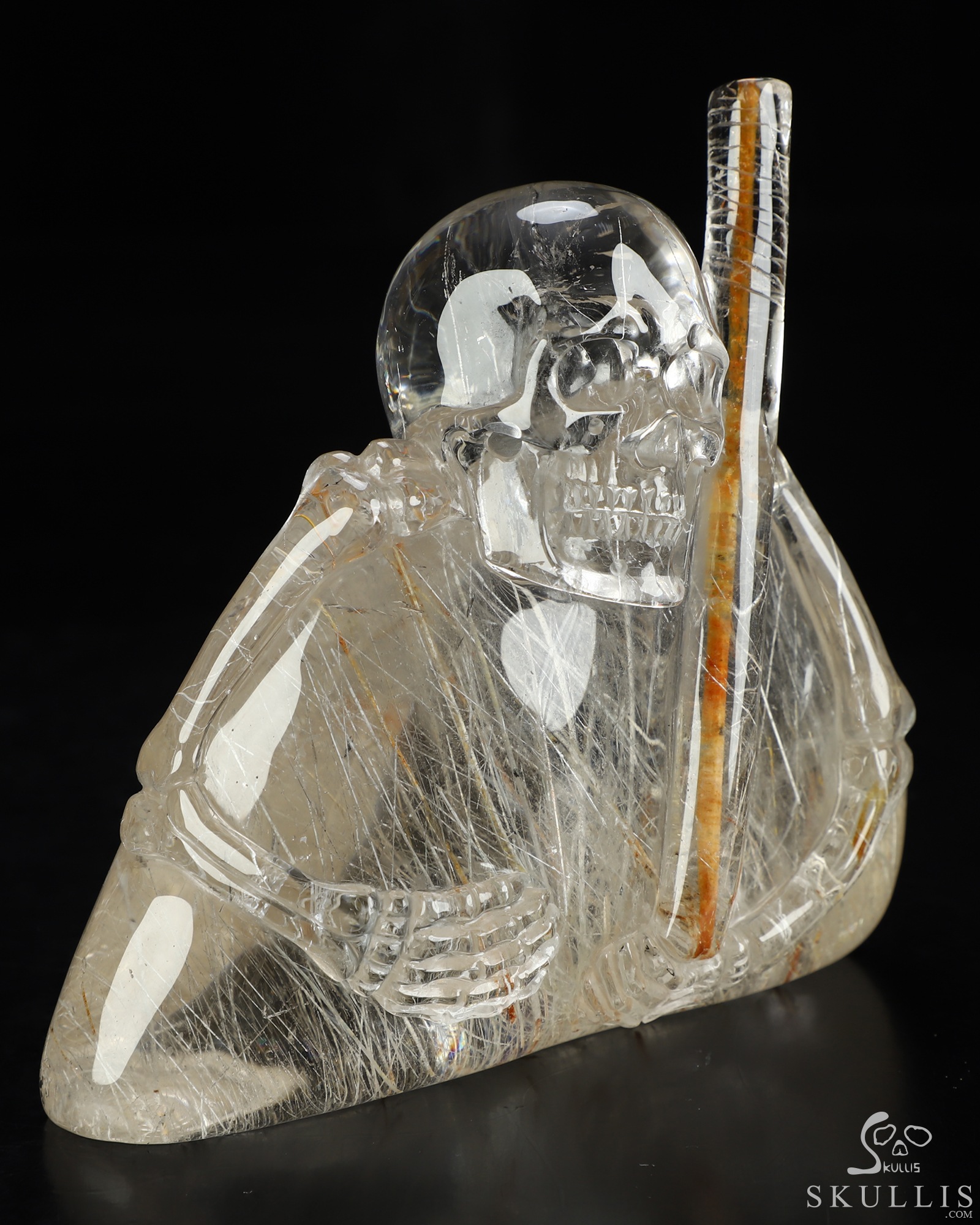 Sept 27, 2026 ACSAD (A Crystal Skull a Day) - The Last Pilgrim - Gemstone 4.5" Rutilated Quartz Rock Crystal Hand Carved Crystal Skull Fine Art Sculpture with Red Rutile Staff, Crystal Healing Sept 27, 2026 ACSAD (A Crystal Skull a Day) - The Last Pilgrim - Gemstone 4.5" Rutilated Quartz Rock Crystal Hand Carved Crystal Skull Fine Art Sculpture with Red Rutile Staff, Crystal Healing