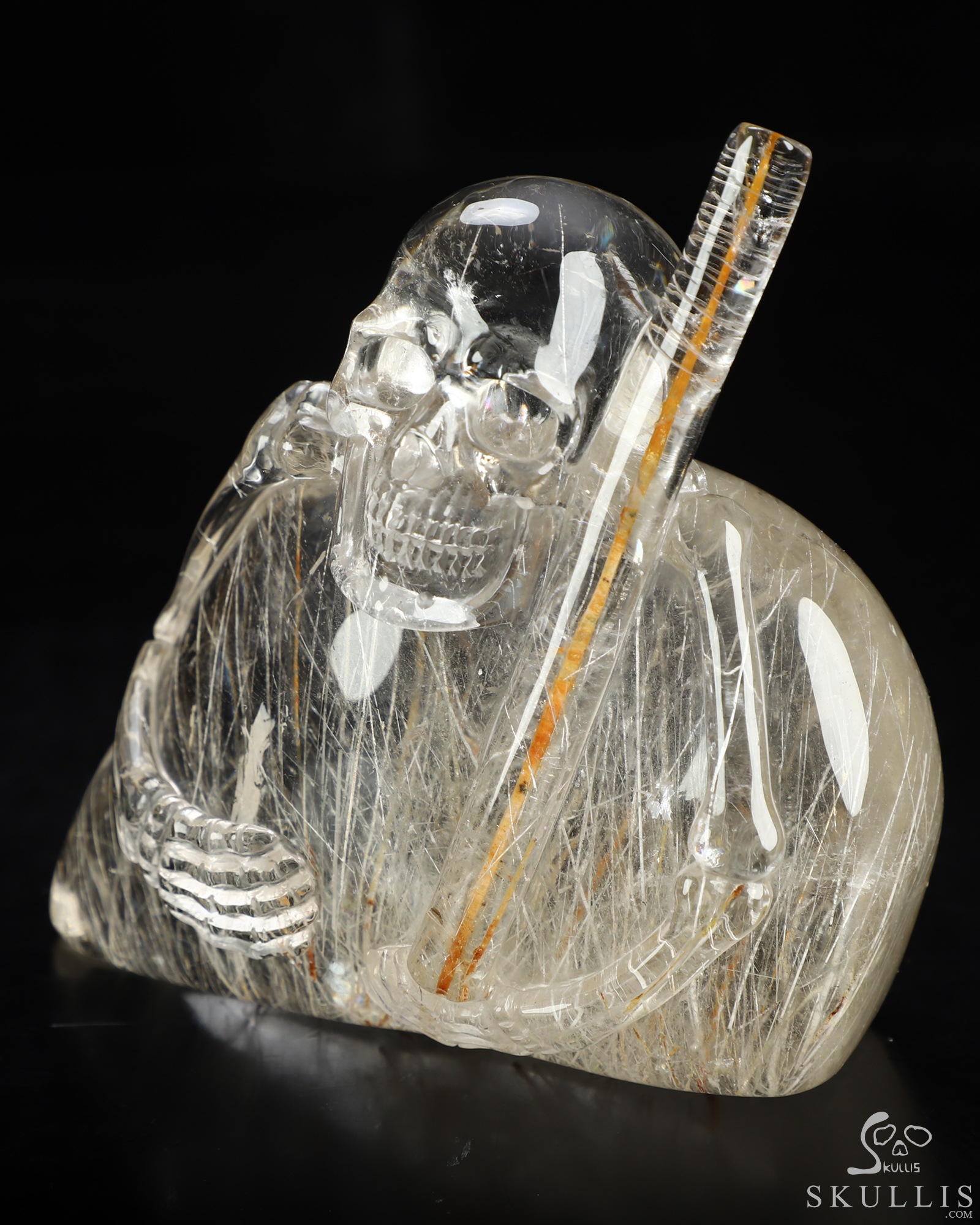 Sept 27, 2026 ACSAD (A Crystal Skull a Day) - The Last Pilgrim - Gemstone 4.5" Rutilated Quartz Rock Crystal Hand Carved Crystal Skull Fine Art Sculpture with Red Rutile Staff, Crystal Healing Sept 27, 2026 ACSAD (A Crystal Skull a Day) - The Last Pilgrim - Gemstone 4.5" Rutilated Quartz Rock Crystal Hand Carved Crystal Skull Fine Art Sculpture with Red Rutile Staff, Crystal Healing