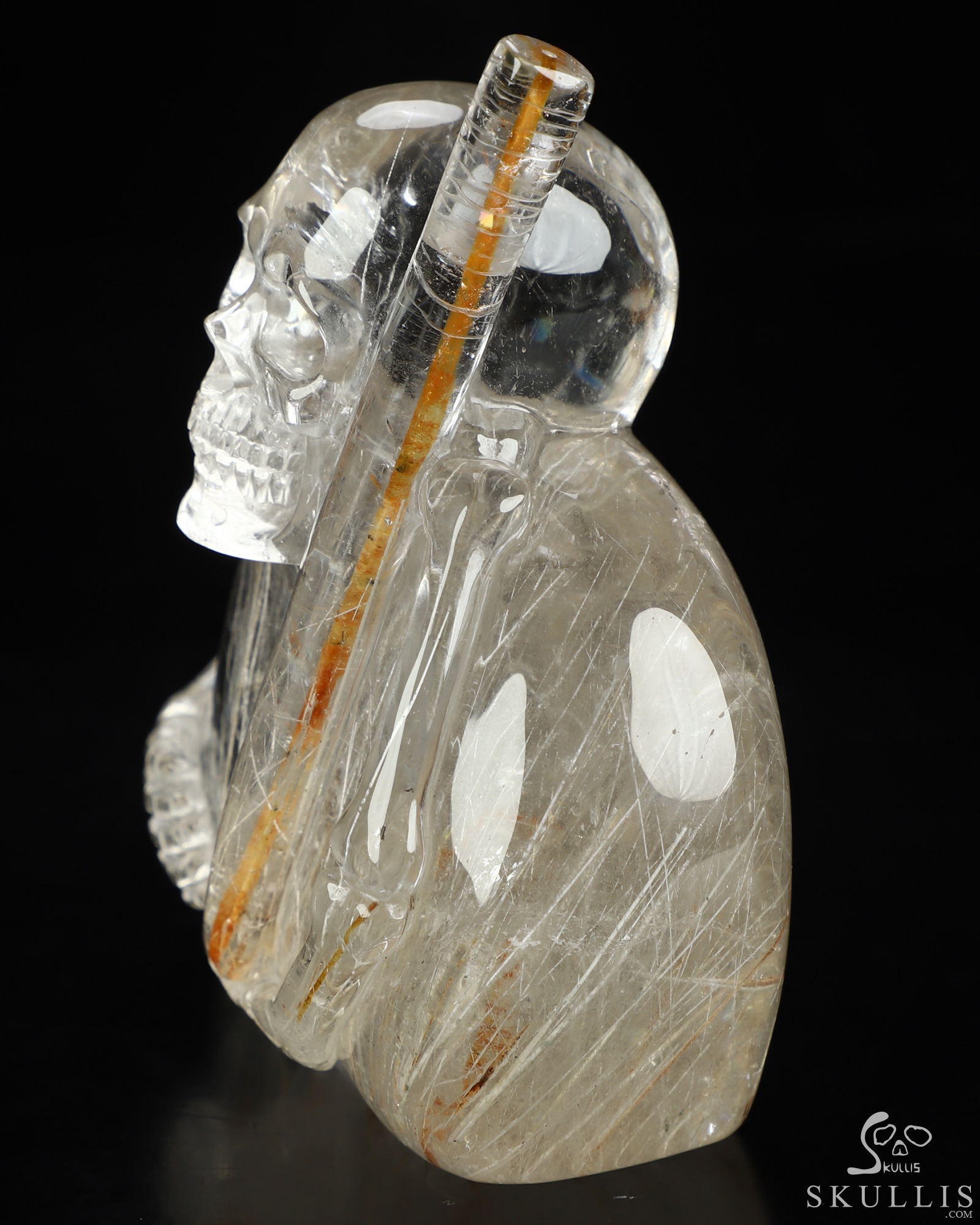 Sept 27, 2026 ACSAD (A Crystal Skull a Day) - The Last Pilgrim - Gemstone 4.5" Rutilated Quartz Rock Crystal Hand Carved Crystal Skull Fine Art Sculpture with Red Rutile Staff, Crystal Healing Sept 27, 2026 ACSAD (A Crystal Skull a Day) - The Last Pilgrim - Gemstone 4.5" Rutilated Quartz Rock Crystal Hand Carved Crystal Skull Fine Art Sculpture with Red Rutile Staff, Crystal Healing