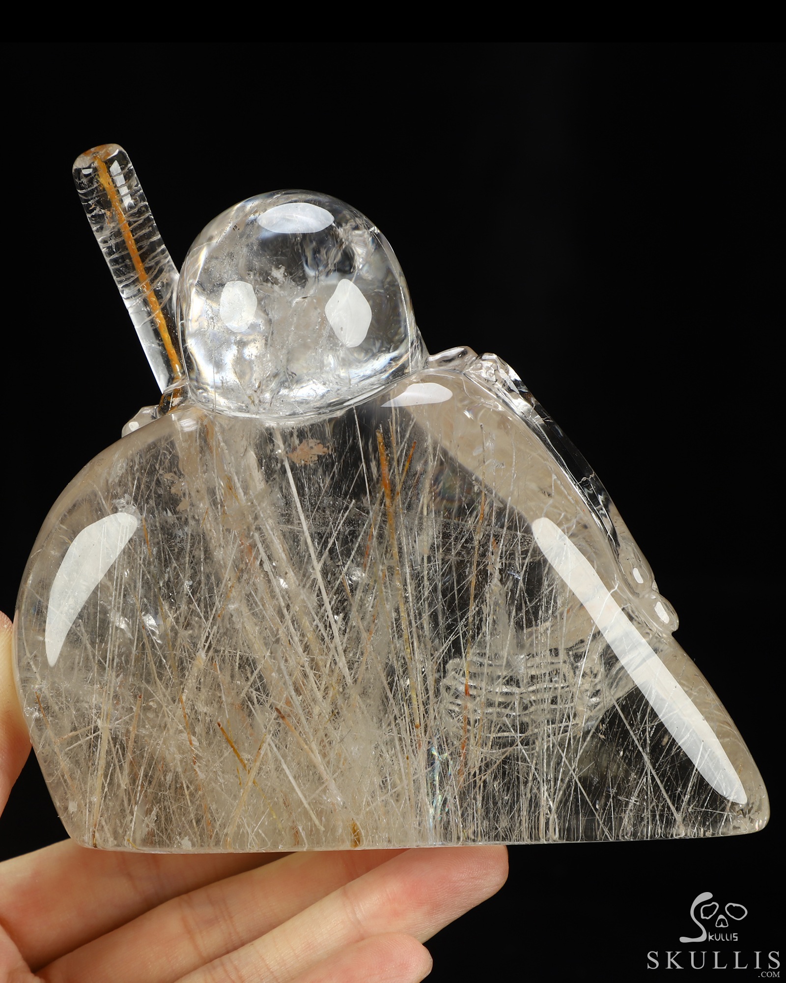Sept 27, 2026 ACSAD (A Crystal Skull a Day) - The Last Pilgrim - Gemstone 4.5" Rutilated Quartz Rock Crystal Hand Carved Crystal Skull Fine Art Sculpture with Red Rutile Staff, Crystal Healing Sept 27, 2026 ACSAD (A Crystal Skull a Day) - The Last Pilgrim - Gemstone 4.5" Rutilated Quartz Rock Crystal Hand Carved Crystal Skull Fine Art Sculpture with Red Rutile Staff, Crystal Healing