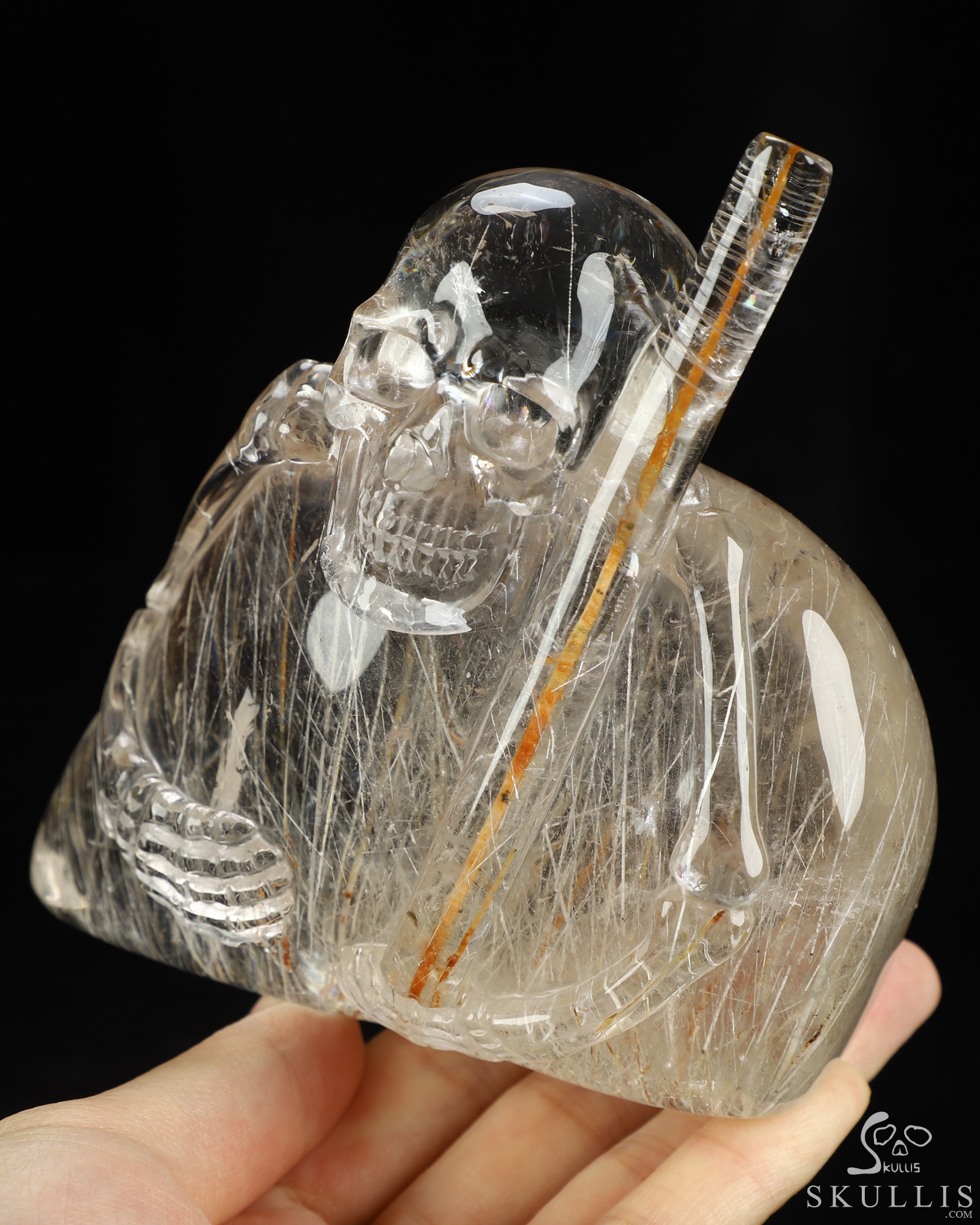 Sept 27, 2026 ACSAD (A Crystal Skull a Day) - The Last Pilgrim - Gemstone 4.5" Rutilated Quartz Rock Crystal Hand Carved Crystal Skull Fine Art Sculpture with Red Rutile Staff, Crystal Healing Sept 27, 2026 ACSAD (A Crystal Skull a Day) - The Last Pilgrim - Gemstone 4.5" Rutilated Quartz Rock Crystal Hand Carved Crystal Skull Fine Art Sculpture with Red Rutile Staff, Crystal Healing