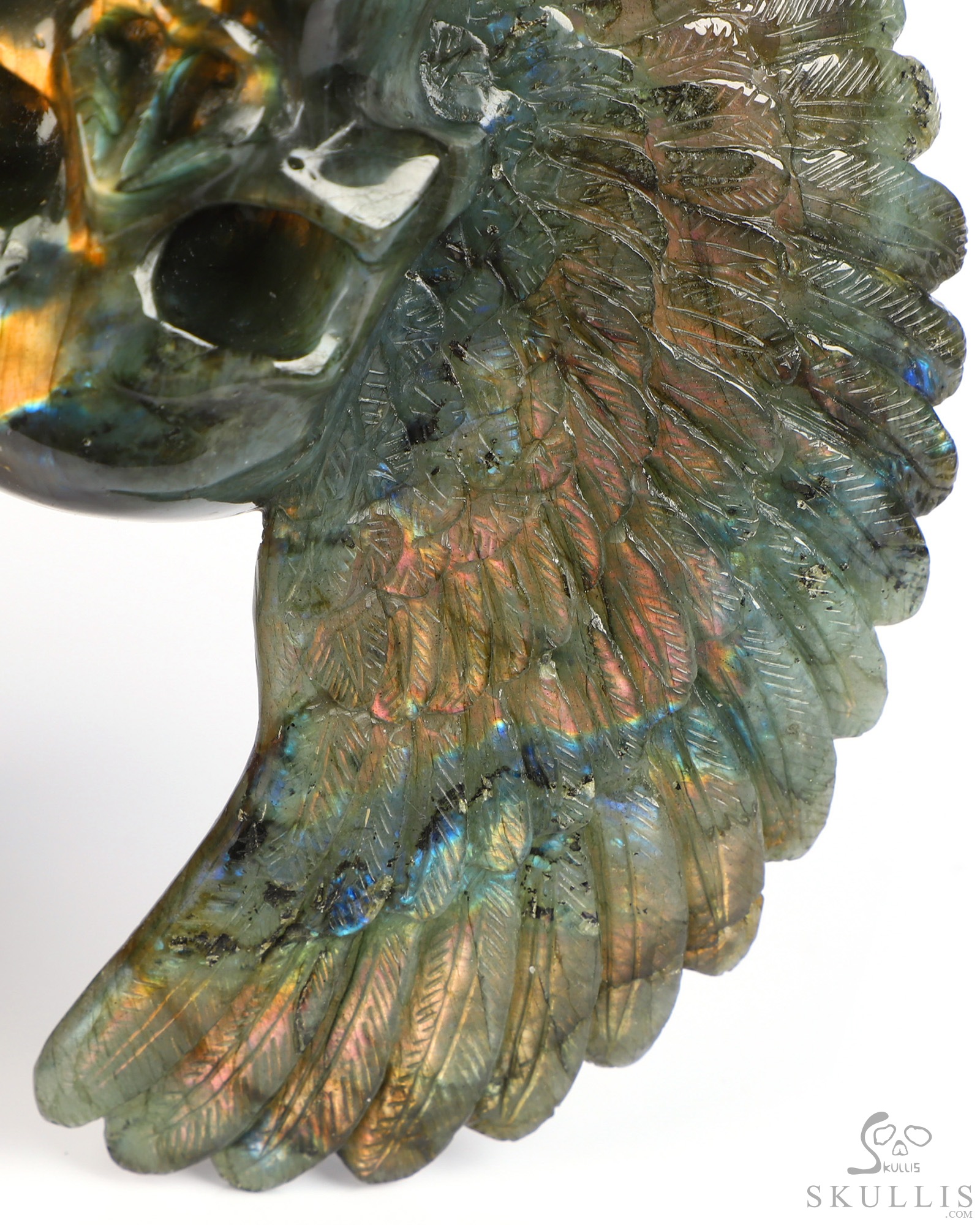Sept 3, 2026 ACSAD (A Crystal Skull a Day) - Wings of Azrael - 6.6" Labradorite Hand Carved Wings Crystal Skull Sculpture, Crystal Healing Sept 3, 2026 ACSAD (A Crystal Skull a Day) - Wings of Azrael - 6.6" Labradorite Hand Carved Wings Crystal Skull Sculpture, Crystal Healing