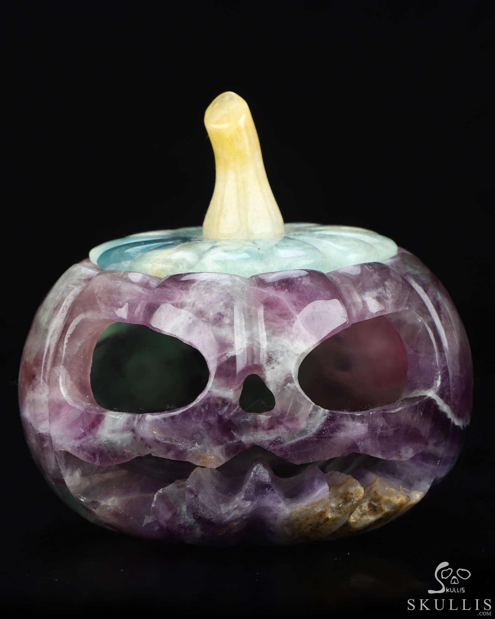 4.1" Fluorite Hand Carved Hollow Jack-O'-Lantern Pumpkin Crystal Skull Sculpture, Crystal Healing 4.1" Fluorite Hand Carved Hollow Jack-O'-Lantern Pumpkin Crystal Skull Sculpture, Crystal Healing