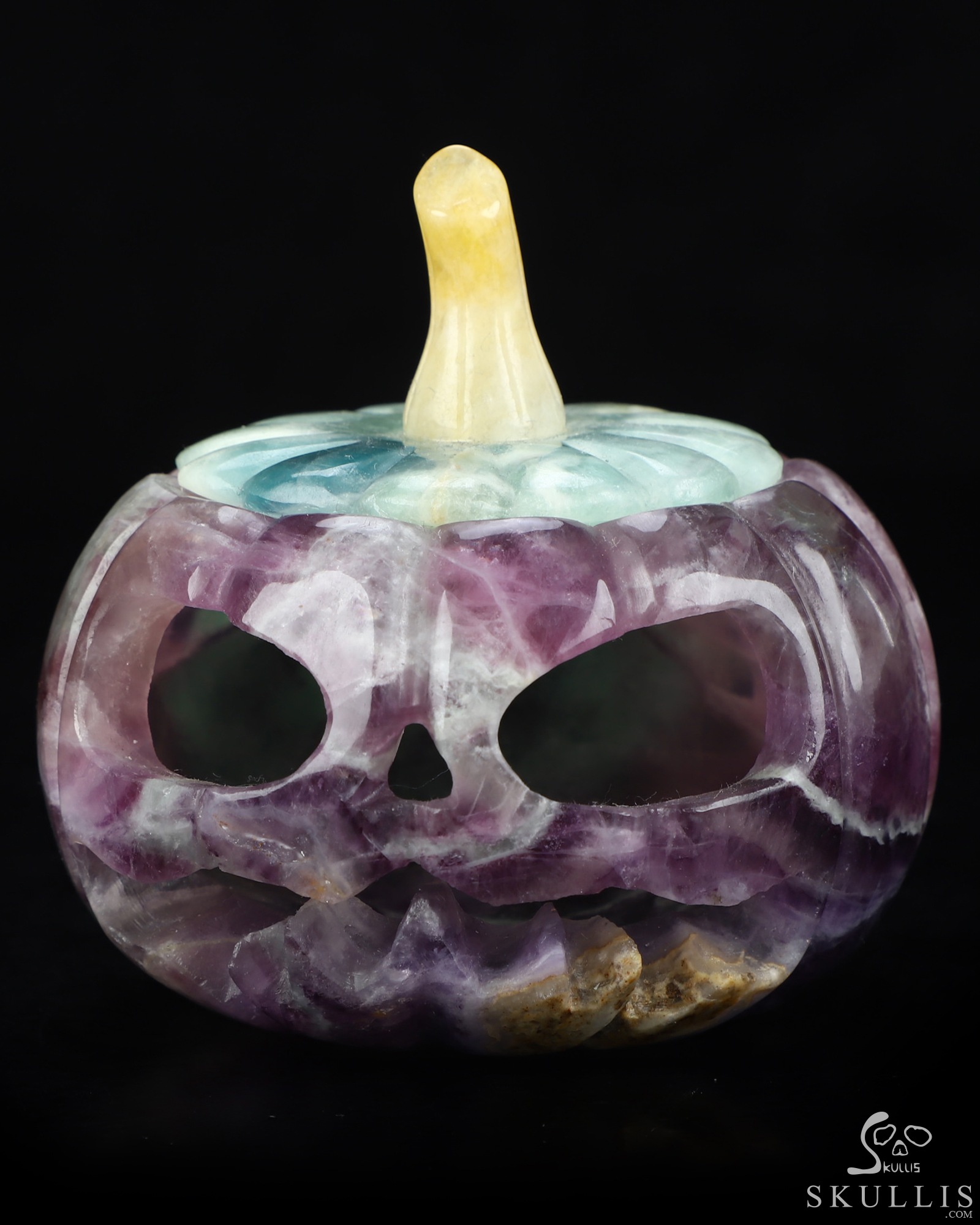 4.1" Fluorite Hand Carved Hollow Jack-O'-Lantern Pumpkin Crystal Skull Sculpture, Crystal Healing 4.1" Fluorite Hand Carved Hollow Jack-O'-Lantern Pumpkin Crystal Skull Sculpture, Crystal Healing