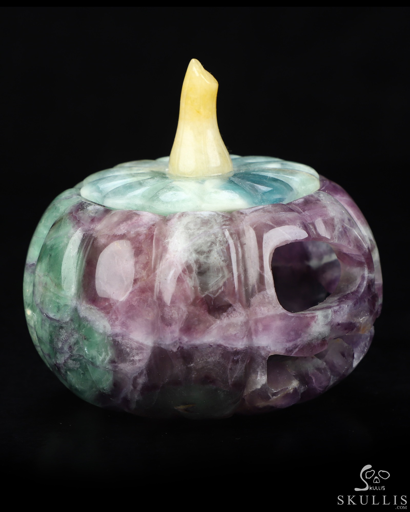 4.1" Fluorite Hand Carved Hollow Jack-O'-Lantern Pumpkin Crystal Skull Sculpture, Crystal Healing 4.1" Fluorite Hand Carved Hollow Jack-O'-Lantern Pumpkin Crystal Skull Sculpture, Crystal Healing