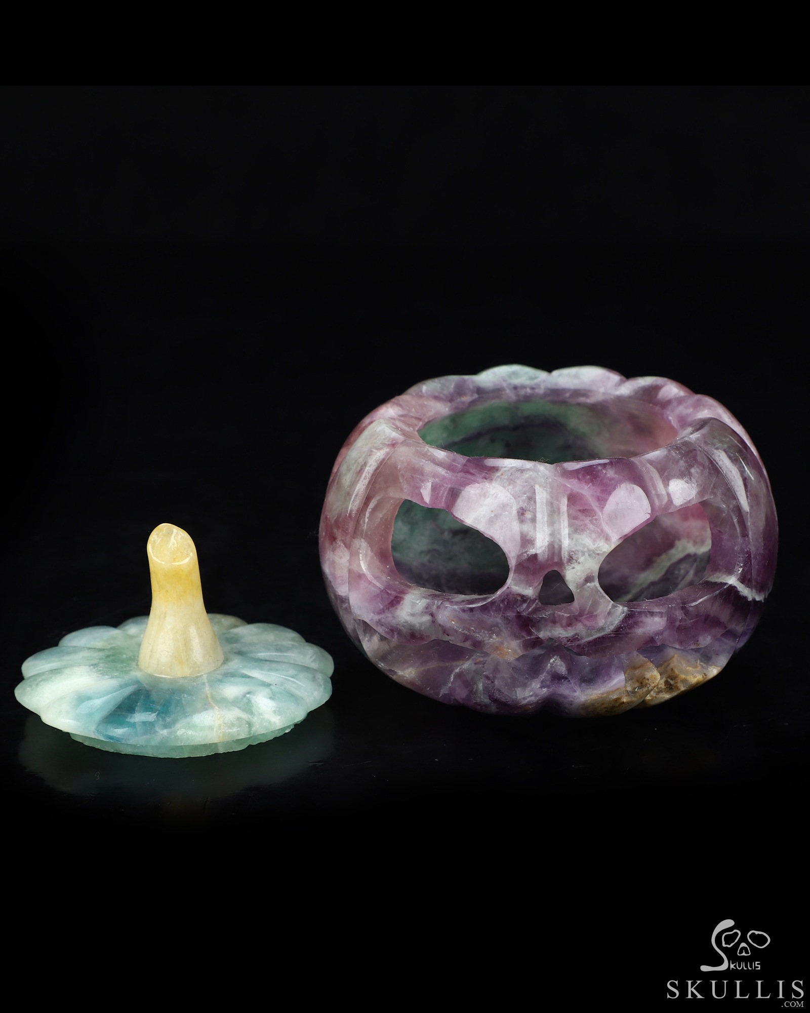 4.1" Fluorite Hand Carved Hollow Jack-O'-Lantern Pumpkin Crystal Skull Sculpture, Crystal Healing 4.1" Fluorite Hand Carved Hollow Jack-O'-Lantern Pumpkin Crystal Skull Sculpture, Crystal Healing