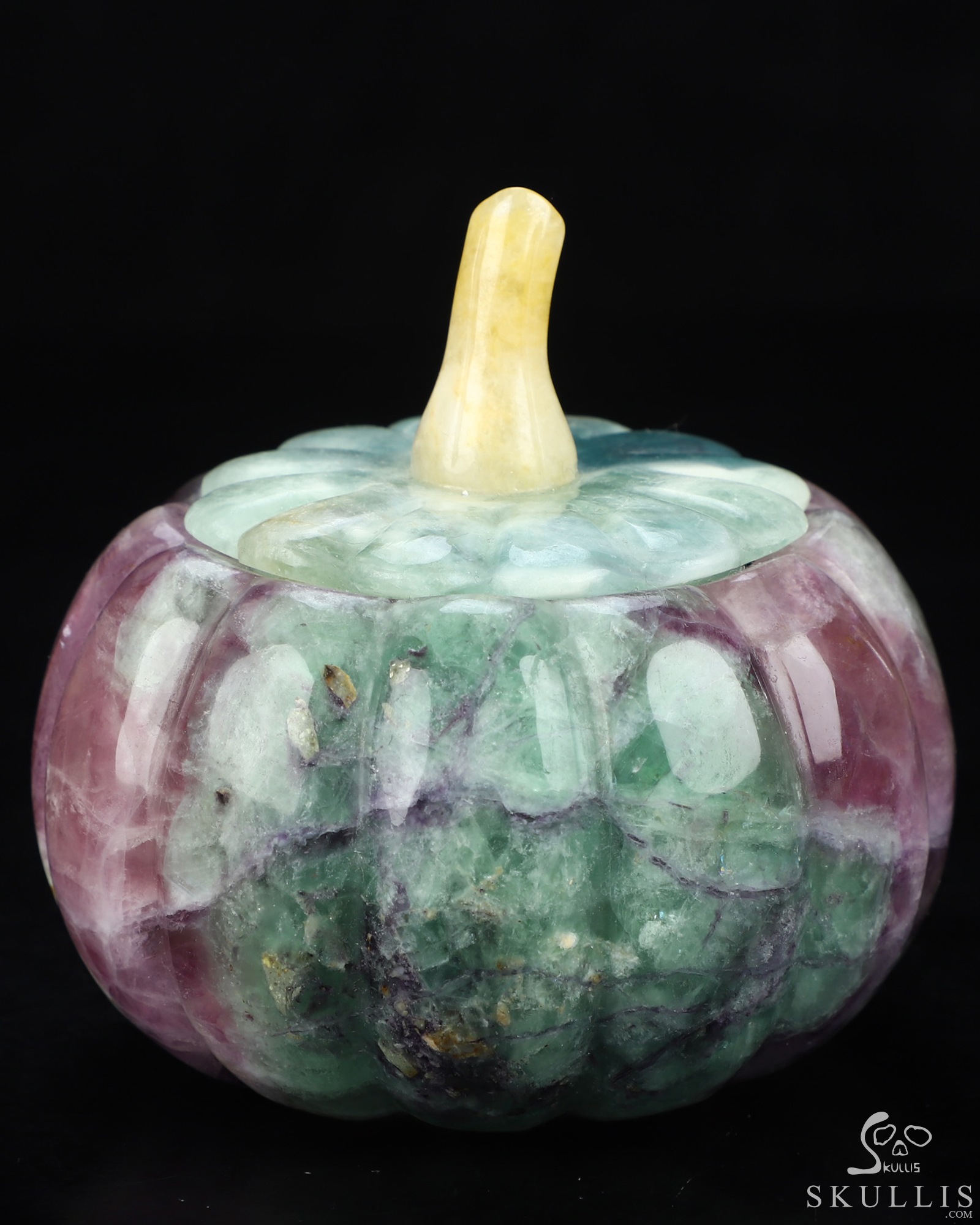 4.1" Fluorite Hand Carved Hollow Jack-O'-Lantern Pumpkin Crystal Skull Sculpture, Crystal Healing 4.1" Fluorite Hand Carved Hollow Jack-O'-Lantern Pumpkin Crystal Skull Sculpture, Crystal Healing