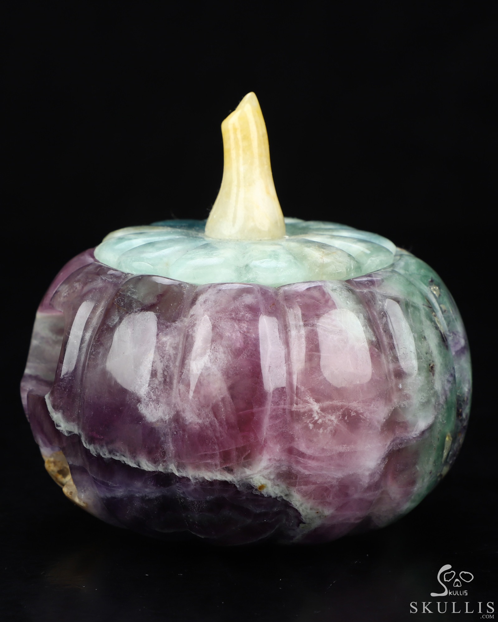 4.1" Fluorite Hand Carved Hollow Jack-O'-Lantern Pumpkin Crystal Skull Sculpture, Crystal Healing 4.1" Fluorite Hand Carved Hollow Jack-O'-Lantern Pumpkin Crystal Skull Sculpture, Crystal Healing